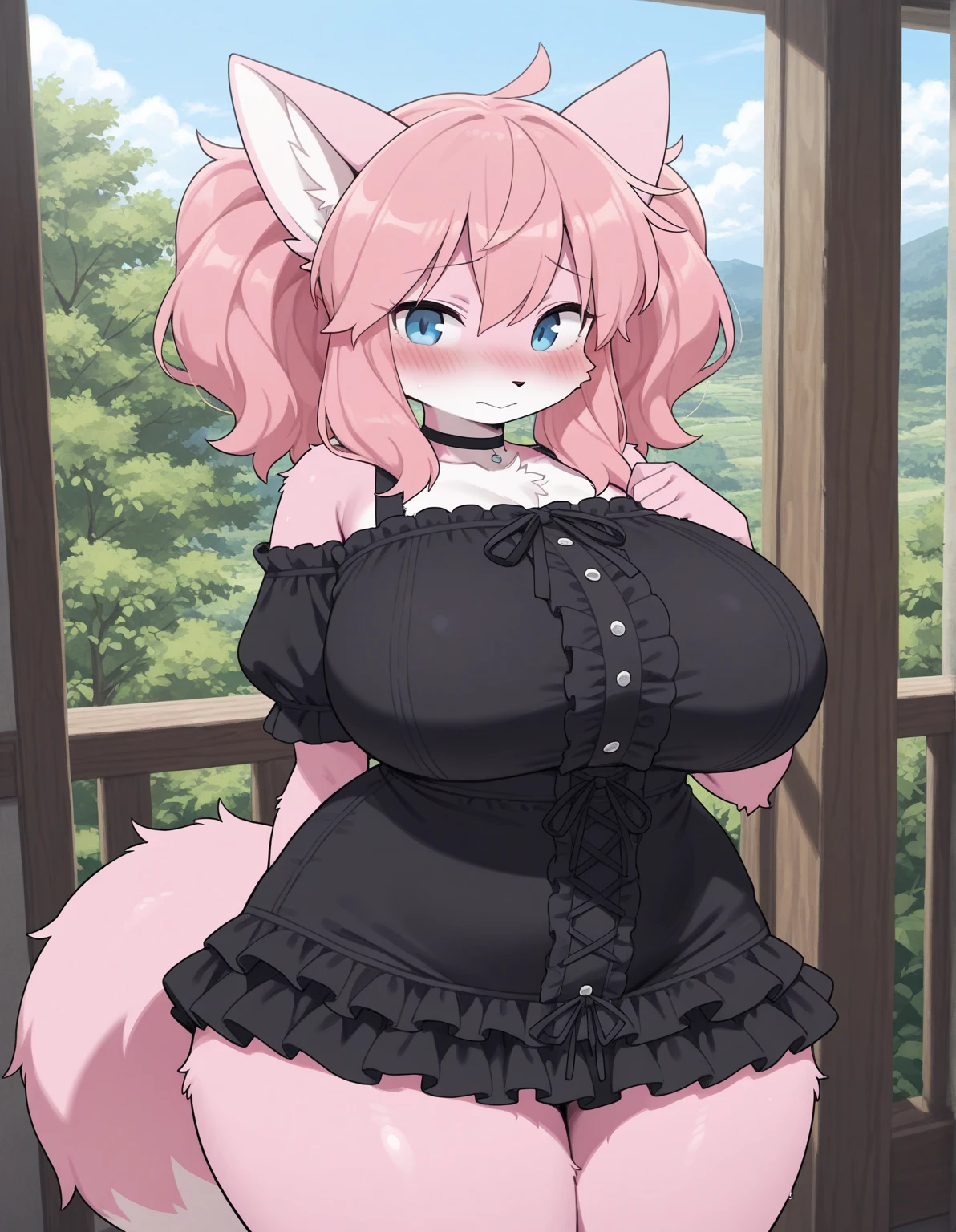fox-girl、body covered in fur、Big breasts、kawaii、princess crown,Very ，Blue and pink hair，pink pupils，shy expression，whole body，Red clothing，Wide-angle lens、bright smile、bbw、Thick and tight、big ass、Under the maple tree
