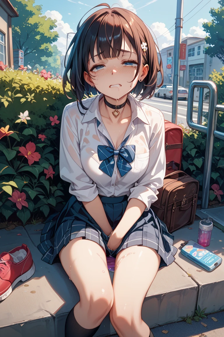 golf uniform, shorts, absurdres, RAW photo, extremely delicate and beautiful, masterpiece, Best Quality, ultra high resolution, 32k, hyperrealistic, ultra-detailed, detailed description, pale skin, 20 years old, tearful mole, earring, big tits, short medium hair, wavy hair, whole body shot,