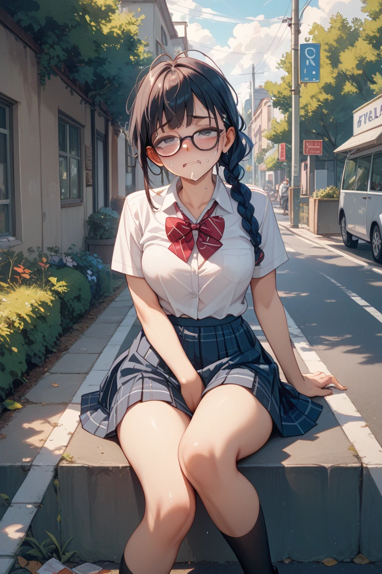 (((1 girl)))noon、((school rooftop))、high school girl、sailor suit、black tights、sitting、((eat a small piece of bread))、sober、low length、((((long bangs hide the eyes:1.5))))、((freckles))、(((long black hair:1.4)))　((hair band))(((black rim glasses:1.2　black eye)))、Spring sunshine、Directional light、bevel、looking here、、Upper body、