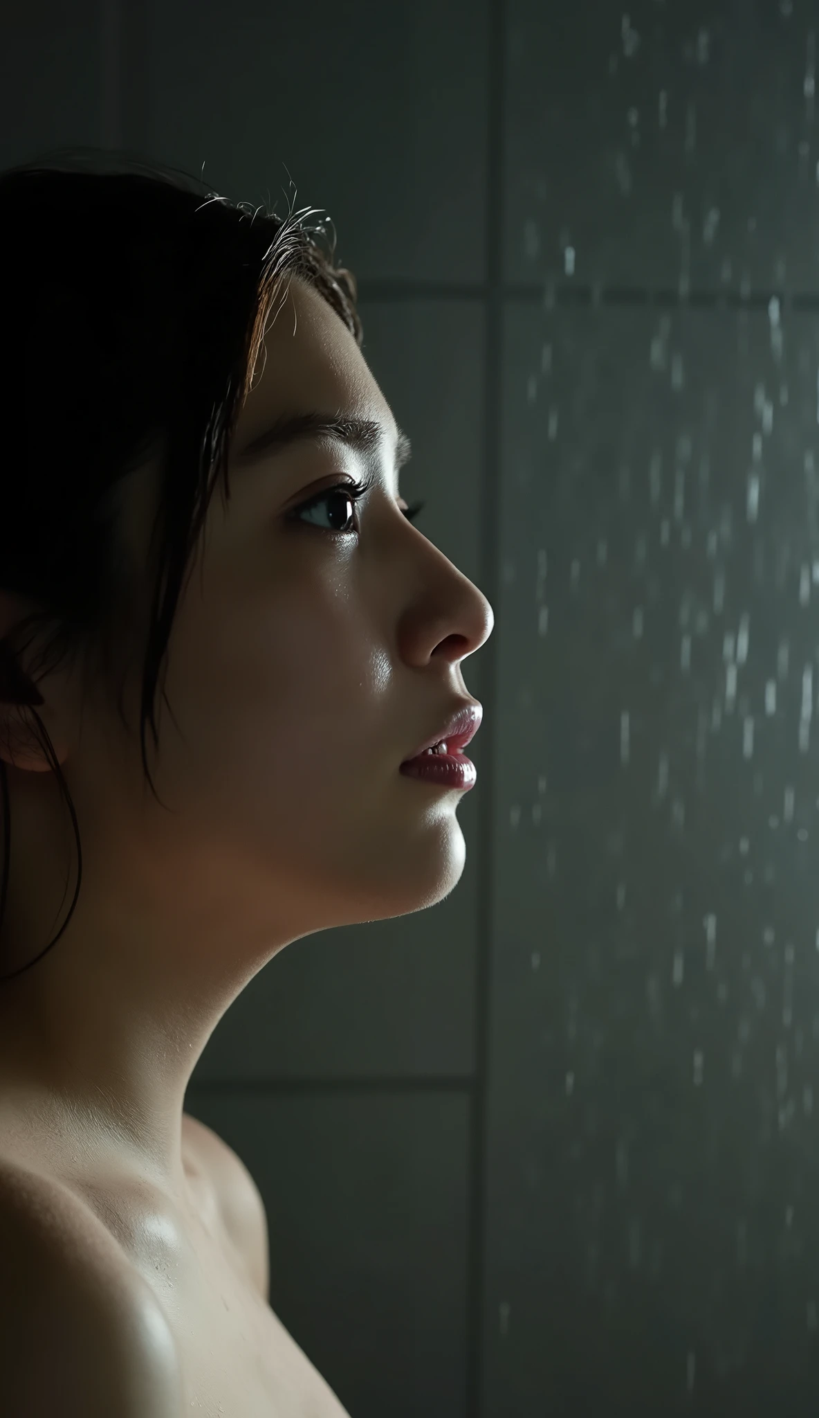 artistic portrait of sorrowful adult woman in dimly lit shower room, contemplative sad face, soft shadows, moody lighting, water streaming down, fine art photography style, emotional depth