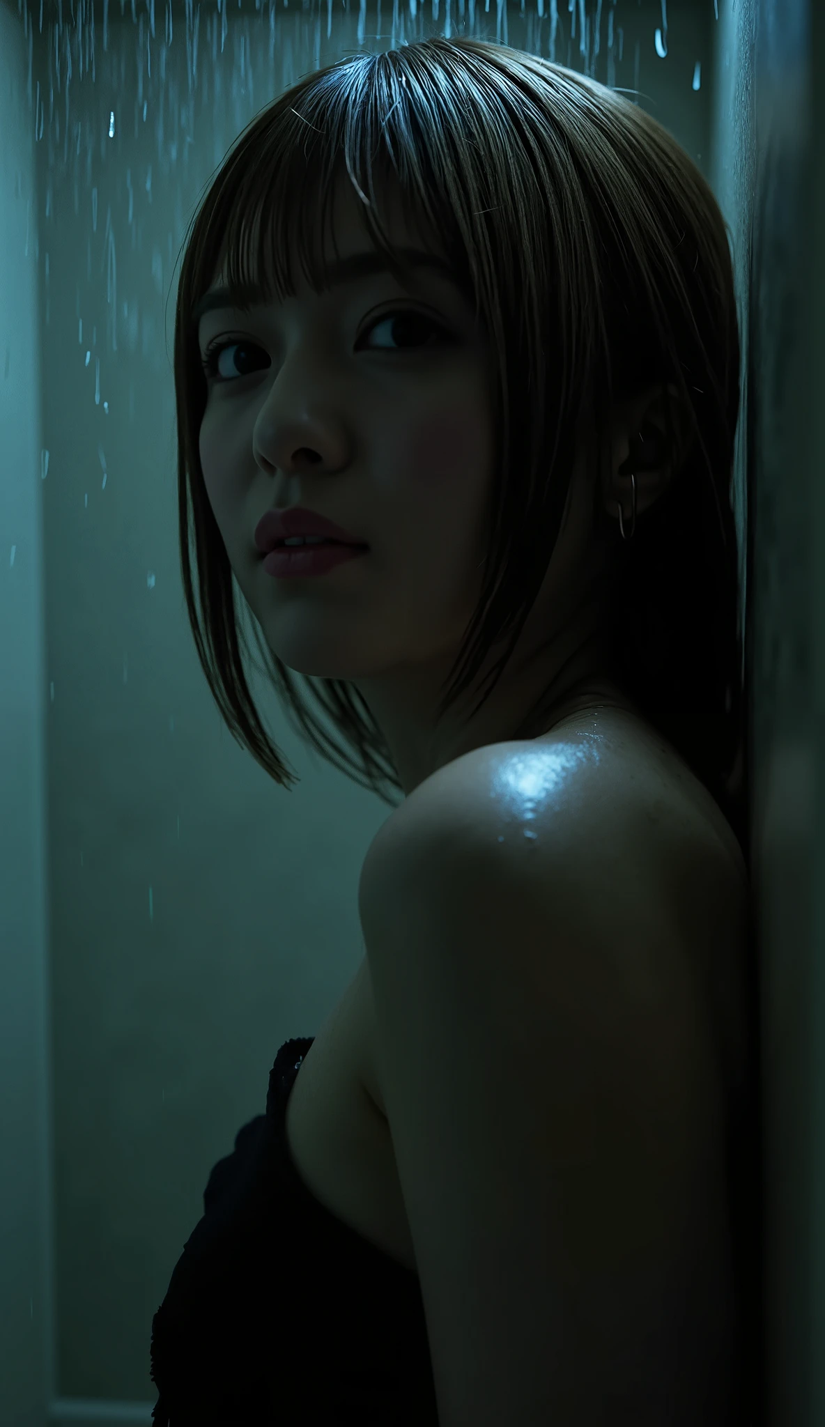 cinematic portrait, adult woman with melancholic expression, dark shower room interior, dramatic lighting, water effects, film noir atmosphere, professional cinematography, high contrast