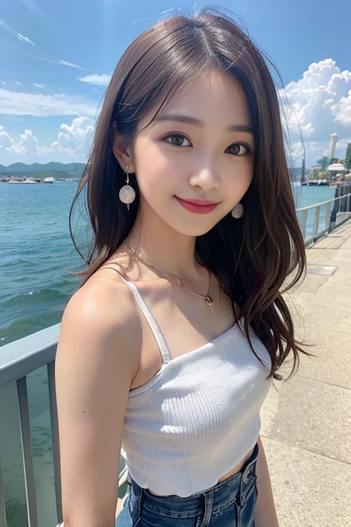 a young, Beautiful cute girl,Full body photo,Extremely beautiful and delicate,Black color hair,A sweet smile,Delicate and beautiful fair skin,Realistic and realistic,exquisite and complete facial features,Detailed depiction of the face,tall nose bridge,Smooth hair,extremely detail hair,Feminine temperament,Tall and tall,Thin,Realiy,White teeth,Hyper-realism,sandals,full body shot shot,Forward tilt angle,Extreme picture quality,Highest precision,Precise and perfect human anatomy。with blue sky and white clouds,Sitting on the Steppe,with blue sky and white clouds,rays of sunshine,Cows, sheeps, (White chiffon skirt)(telephoto shot,)Express the landscape,Highlight portrait。Wear earrings on the beach by the sea
