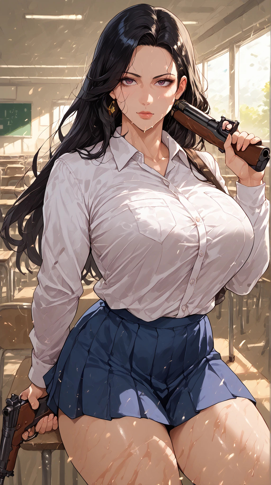 2girl, two girls, (shoujo-style), ((detailed hair, detailed eyelashes, banganhwa-scenery,  blush, large breasts, long hair, , ((perfect face)), (Mature Face:1.4), (beautiful face:1.15), detailed eyeasterpiece), (highest quality), best quality, highres, 8K, extremely detailed, Digital Art, (Hyper-Detailed Background:1.2), (realistic background),  (intricate details), award-winning, hyper-detailed, (illustration:1.1), 
(cinematic lighting), soft lighting, lipstick, blush, Hot girls, baddie, staring, glaring, bad attitude, mean girl, dare, angry, hate, crazy, smoking, sensual, attractive, masterpiece, best quality, ((unbuttoned , cleavage, necklace, earrings, sexy body,
breasts)) , micro skirt, smiling, navel , exposed belly, exposed navel,(nsfw) not safe for work,school,
classroom , hold a gun,knot, holding pistol