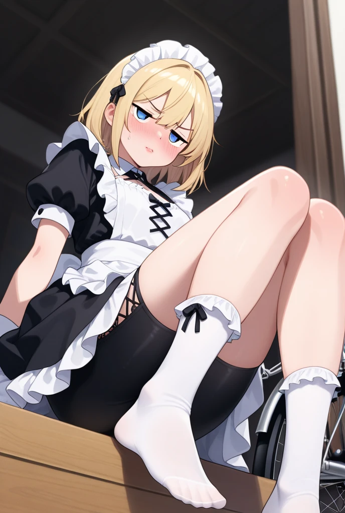Hifumi, Hifumi_blue_archive, mind break, yandere, obsessive, high quality, professional work, popular, blue archive style, anime style, detailed, full body, heart shaped pupils, smugish, smug, wants sex, is horny, Yandere, maid outfit, maid, erotic clothes, mansion, 1 girl, lift skirt, wet panties, panties, tight panties