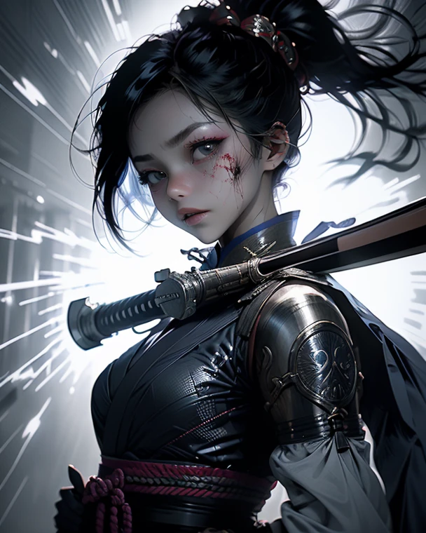 (RAW photo, 4K, realistic, exquisitely detailed skin), masterpiece, best quality, official art, unity 8k wallpaper, ultra detailed,(dark scene,low key,soft lighting), cinematic look,high saturation,best anatomy,volumetric Fog,
a samurai girl, slim body, cowboy shot,
1girl,weapon,sword,long hair,The bust is huge and firm,black hair,holding,独奏,holding weapon,blood,holding sword,arm guards,simple background,blood on weapon,looking at viewer,black eyes,or,floating hair,
