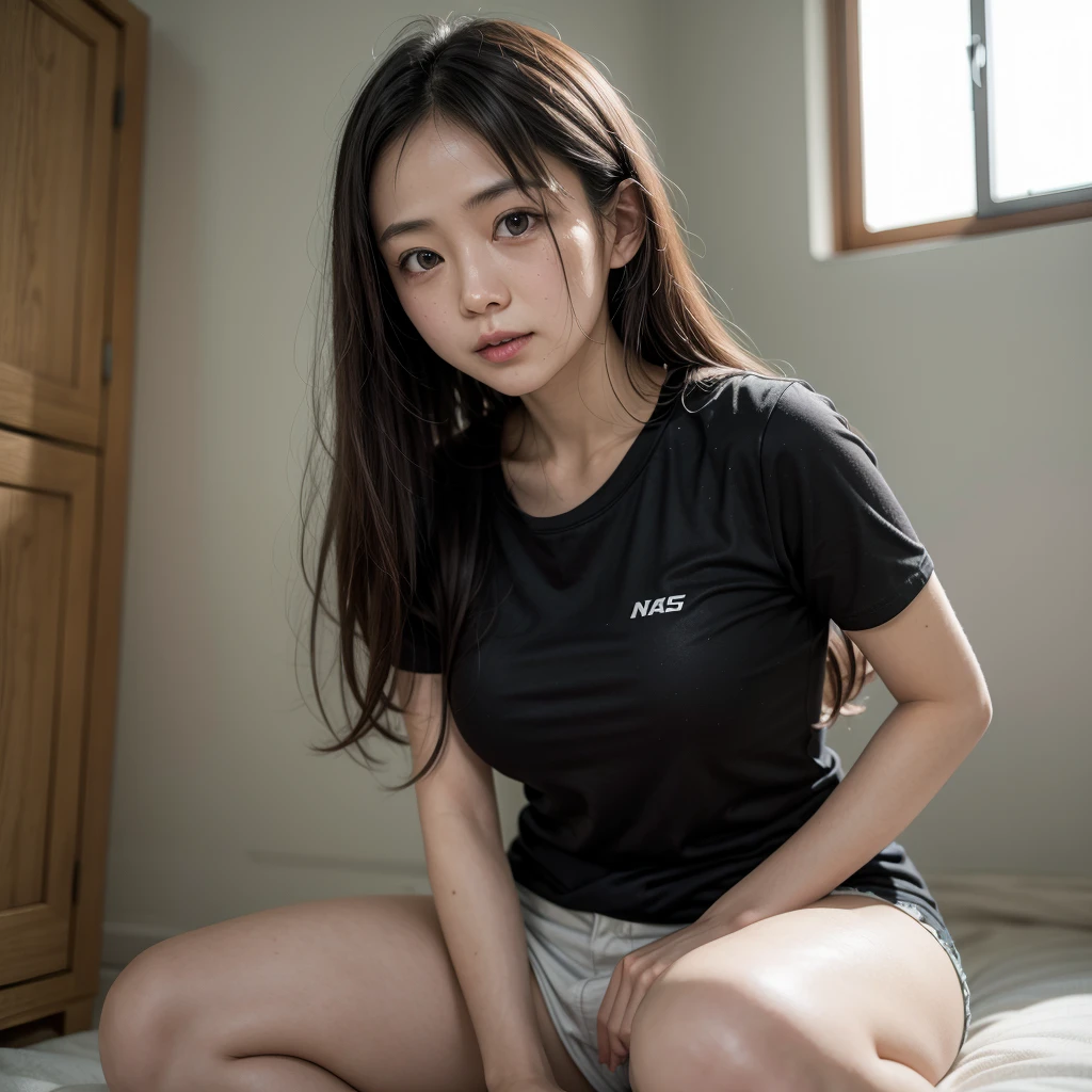 A boldly composed photograph of a Japanese woman that looks like it was taken by a famous artistic photographer, (((Blockbuster art photography)), (8k, Highest quality). A stunning composition using a model with excellent proportions. Perfect beauty model with a confident and balanced appearance, ((Highest quality質)), ((masterpiece)), (Familiar:1.4), ((Highest quality質のリアルな写真)), ((Shot with Hasselblad)), ((Best photo quality)), Beautiful womanの画像,Super Resolution,Slim and perfectly proportioned, Beautiful woman, ((Highest quality質, 8k, masterpiece: 1.3)), Beautiful woman, 1 female, Slim figure: 1.1, Perfect beauty, 20-year-old, (Realistic: 1.4), Ahegao, Shining Sweat, thin, Art photo composition with space around the woman, See through, (((Filming in a spacious studio))), (((The background is only gray and there is nothing.))), Full body photo, Anatomically correct hand, Anatomically correct legs, anatomically correct whole body, Marble room, White t-shirt and shorts. Cowboy Shot, (((Holding your crotch with your hand))). Spread your legs, drinking beer, Nipples are protruding,, (((Your T-shirt is wet with beer))), Being drunk,