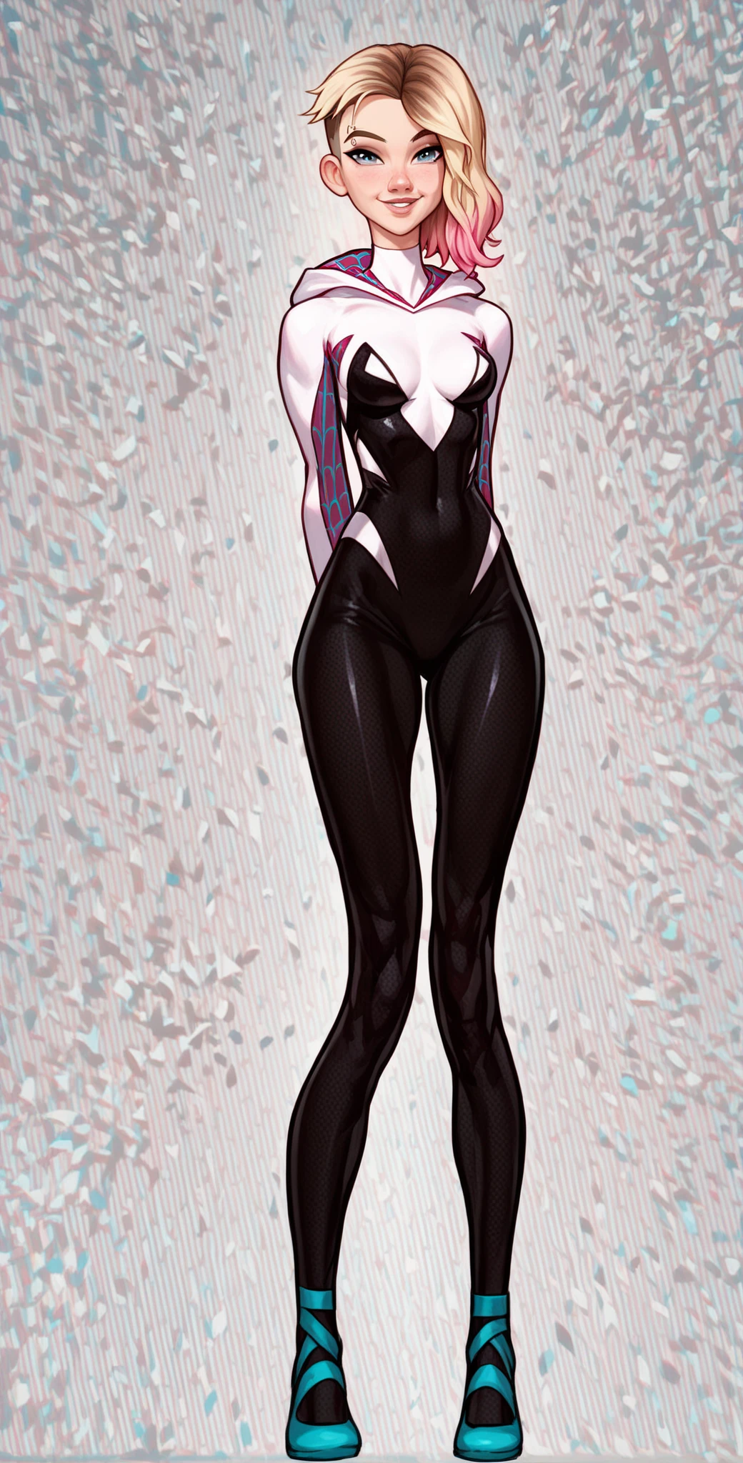 spider gwen, Hot, partial , hightquality, Dynamic Poses, Beautiful, Gorgeous, In love,Short suit, spider in a suit, white black red suit、Anne Hathaway