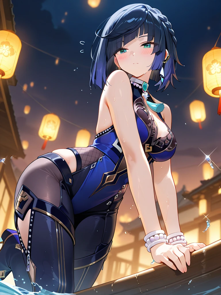 score_9, score_8_up, score_7_up, source_anime,uncensored, yelan from genshin, HDA_CowgirlPositionXL, collarbone, cowgirl position, leaning back, sex, vaginal, nipples slipping out of bra, front, detailed background, medieval, shrine, pussy juices, pubic hair, detailed face, detailed eyes, anime style, arching back, pleasure, happy, moaning, muscular male, cum drip, looking at viewer, perky breast, night, fireworks, lace lingerie, shelf bra, thong aside, lace stockings, lace trim, skindentations, genshinstyle