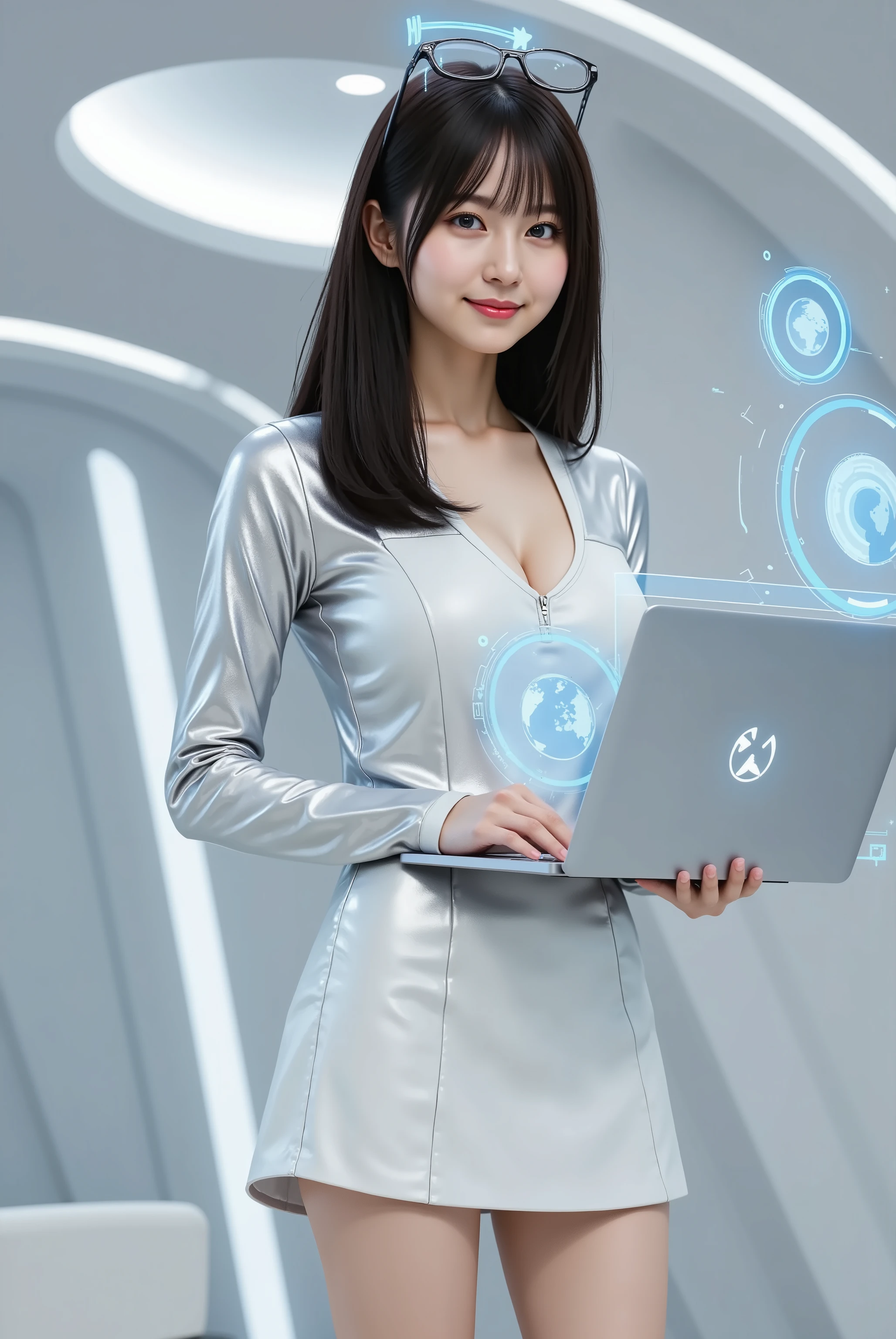 A 20-year-old Japanese woman, long glossy black hair (sleek futuristic bob, sharp angles), confident smile, working on holographic interface (transparent laptop) in cutting-edge, bright co-working space (organic curves, LED strips). Wears form-fitting silver V-neck tech-fabric bodysuit (prominently displays ample, round, firm bust, deep well-defined cleavage) with short iridescent white A-line mini skirt (shifts colors). Minimalist white ankle boots (glowing cyan soles). AR glasses on head. Medium: 3D Render. Style: Hyperrealistic, clean, futuristic, sleek, GITS-inspired. Composition: Medium shot, her interacting with holographic interface; unique co-working architecture dynamic layered background; 3:2 landscape. Lens: Simulated wide-angle (28mm), clean sharp focus throughout (deep DoF for render), emphasizes futuristic design/tech. Subtle light bloom (LEDs/holograms). Lighting: Bright, diffused, cool-toned ambient light (integrated), additional light from holo-display/laptop; clean, high-tech. Color Palette: Whites, silvers, cool blues, cyan/magenta accents (LEDs/holograms); sterile yet vibrant futuristic. Level of Detail: Extremely high detail on tech-fabric bodysuit/skirt textures, intricate holographics, reflective surfaces, subtle tech elements. Mood: Professional, innovative, futuristic, intelligent, efficient. masterpiece, best quality.
