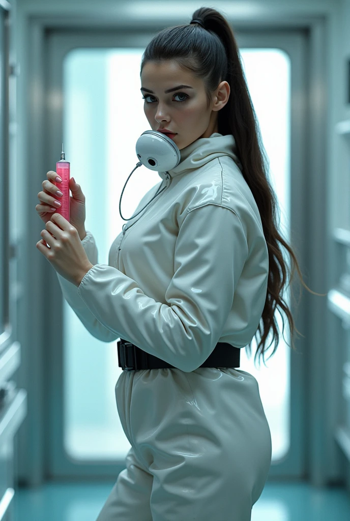 very sexy young girl in futuristic clothes gives blowjob
