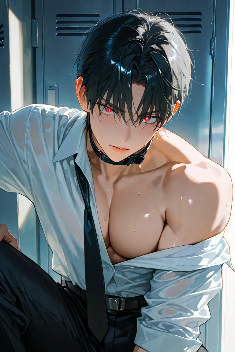 ultra-detailed, masterpiece, best quality, highres, extremely detailed, nsfw, (solo shoot:1.5), (1boy:1.5), man, (lean guy:1.5), short hair, work clothes, open shirt, bottomless, torn clothes, drunk, (restrained:1.5), shackles, handcuffs, gagged, bondage, (excessive cum on body:1.5), strobe lighting, spotlight,