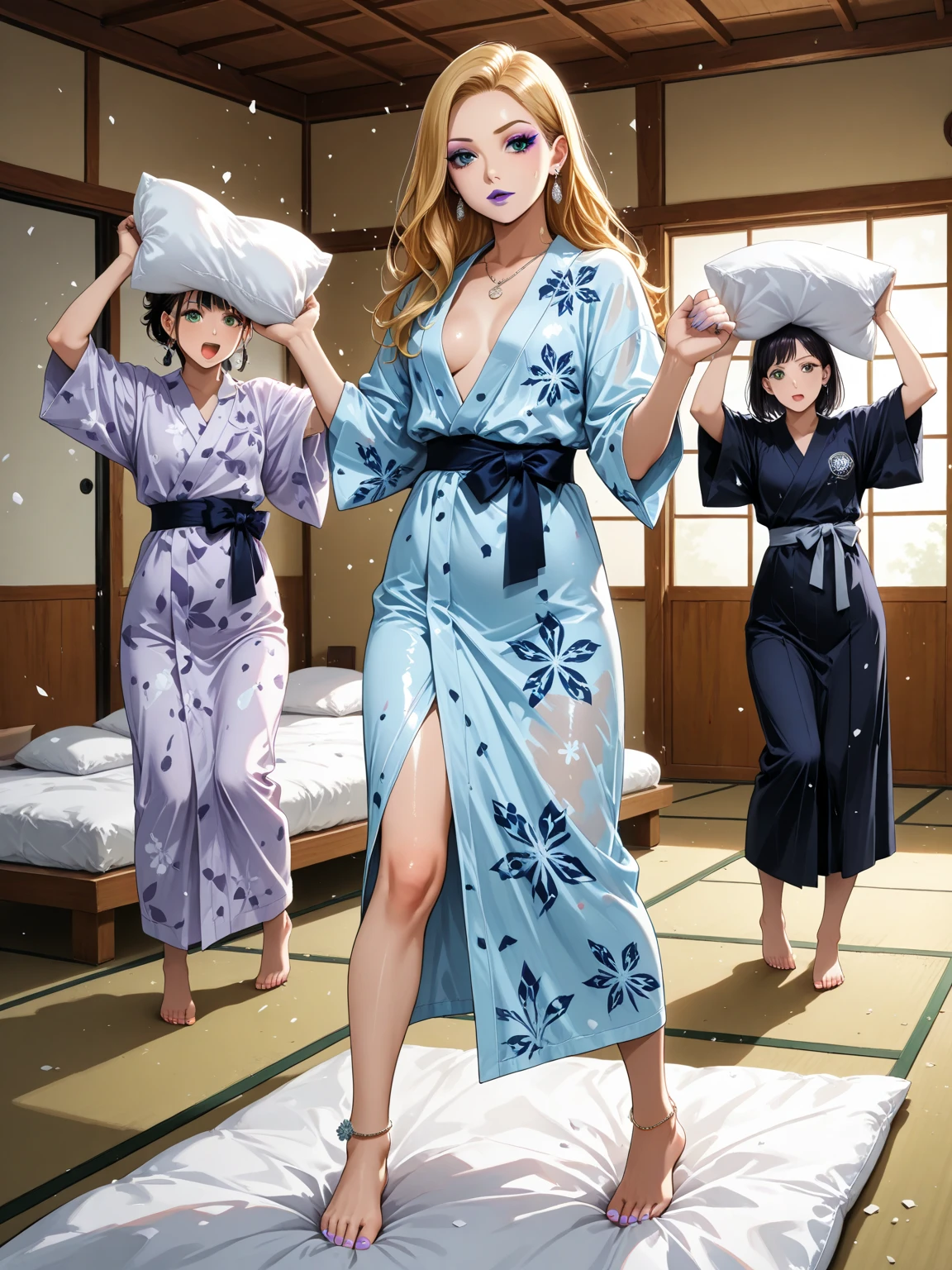 Hot Springs Inn、Super detailed、Particles of light:0.5、Beautiful Eyes、dorsal position、Mouth half open、Natural Texture、Mature slender beauty、Belly button、Slouch at the middle waist、Showing the groin、Pink nipples、Red lipstick、Pink Yukata、Lying on your back on the futon、Small breasts、Flat chest、luna (Luna) - Isekai de Cheat Skill wo Te ni Shita Ore wa, The Genjitsu World is a place for people to gather: Level Up wa Jinsei wo Kaeta (I got cheat abilities in another world、Warriors in the real world ～Leveling up has changed my life～)