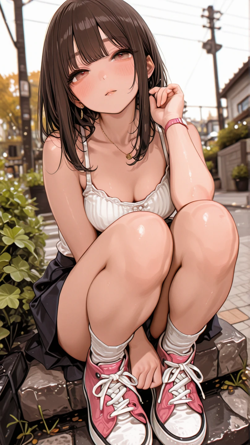 ((kinako (shiratama mochi) style)), nsfw, ((topless)), erect nipples, puffy nipples, masterpiece, fair skinned, 1 girl, nipples, navel, intricately detailed, cloudy day, dolphin shorts, roadside, waiting shed, japanese countryside, cloudy day, navel, necklace, smiling, extremely detailed, bus stop, puddle, sneakers, hydrangea flowers, sitting, raining, bare breasts, bare stomach, sweaty, wet body, small breasts, ponytail, black hair, slim waist, bench, mountainous, cg masterpiece