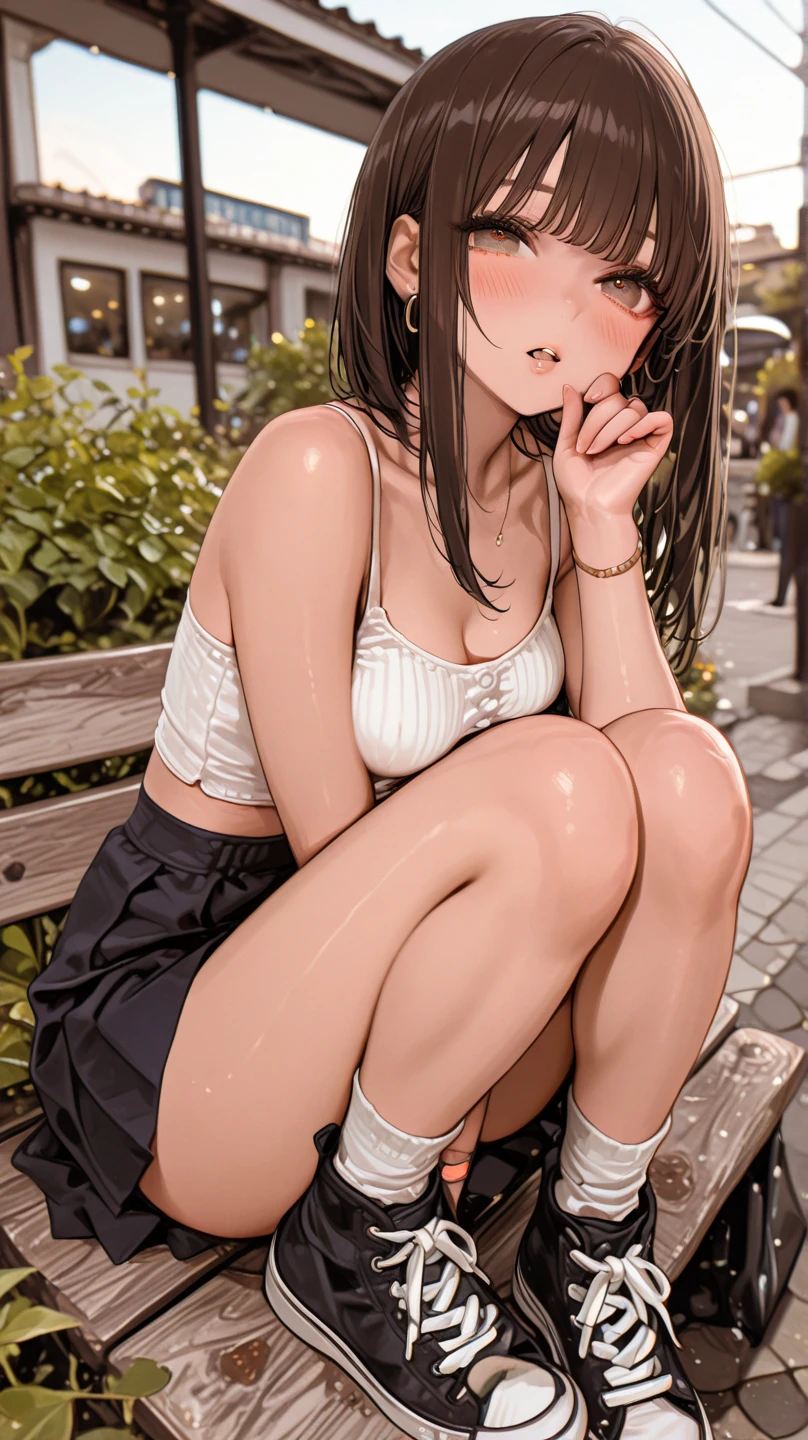 Girl in a dress sitting on a bench in a park, pussy ejaculating, naked legs, segurando um pau