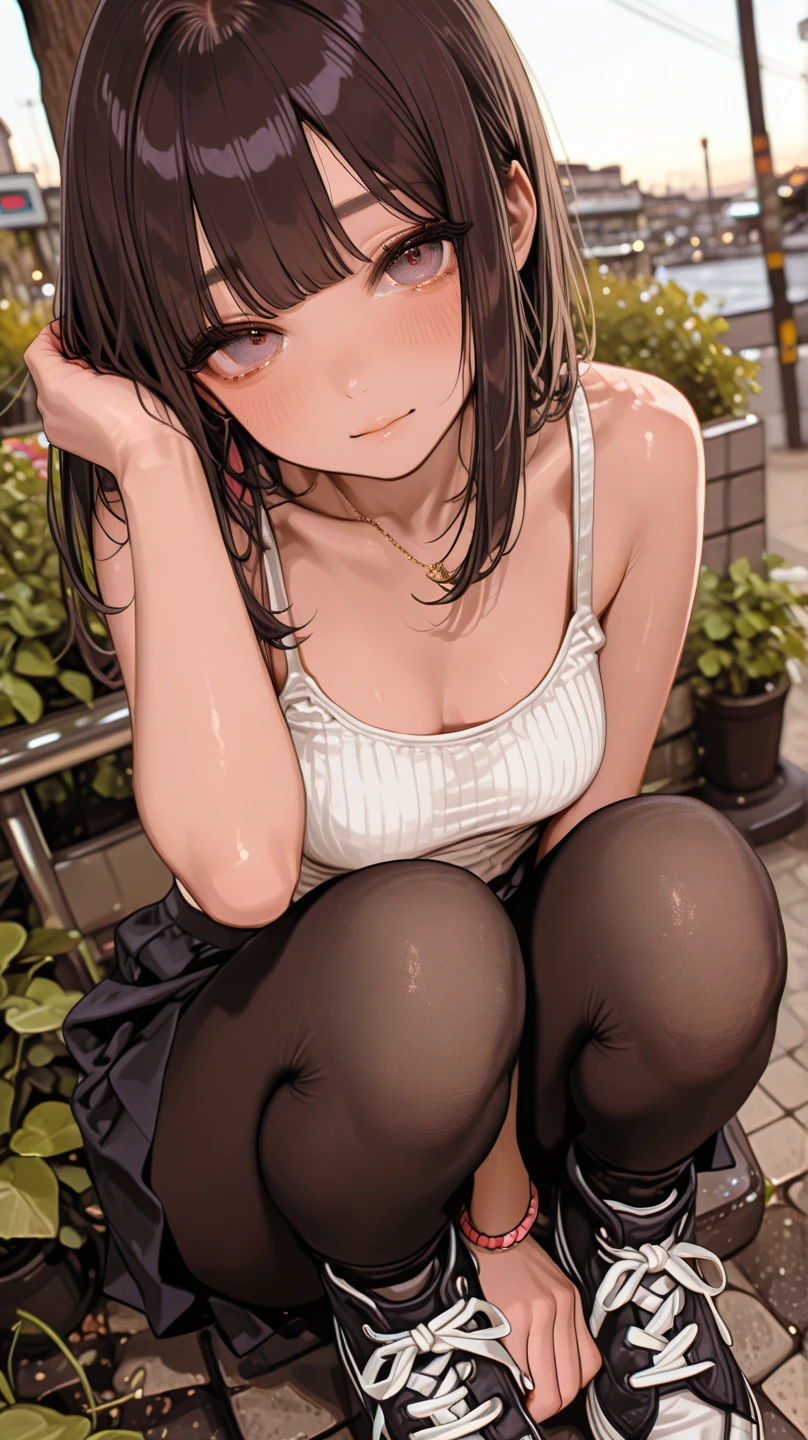 nsfw,penis,((1man and 1woman,pov,fellatio:1.5,bukkake,cum on face)),A woman kneeling towards the viewer、((perfect anatomy:1.2,realistic:1.3,RAW Photography:1.3,masterpiece、highest quality、Ultra - High resolution、High resolution、Highly detailed CG、8K)),cowboy shot,1 female,solo,18 year old beauty, Japanese、((beautiful detailed face and eyes:1.2,big gorgeous eyes:1.2,crying,)),dark brown  hair,long hair,bangs,medium breasts,slender body,small head:1.5,skinny,(brown skin:1.5),(oily skin,gleaming skin,shiny skin,sweat:1.4、Stuffy crotch),(skindantation,rolled up T_shirt,nipples,black T_shirt,navel,black sports shorts,black socks,black sneaker shoes),kneeling,arms behind back,Shibuya Station、Tokyo、neon、at night、