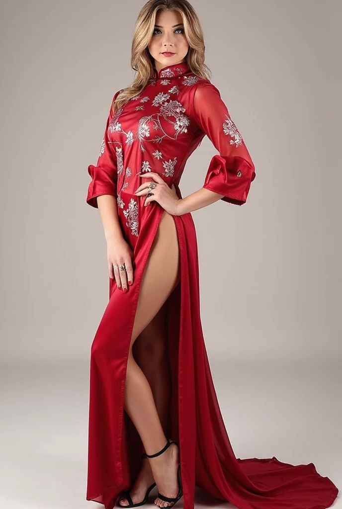 (photograph of Sydney, in red silk qipao),seductive , photorealistic, seductive, sexy pose