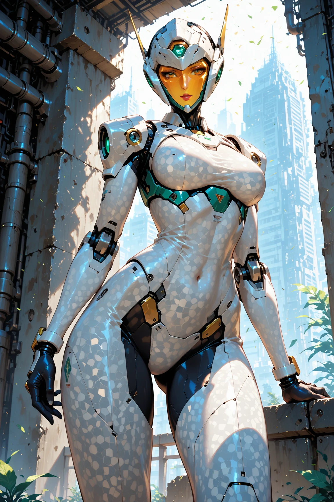 (masterpiece、8K、Ultra-delicate、hight resolution),(((Female Ultraman))),(((No muscles,large Boob))),(her head is tapering,The body is made of red and silver,The arms present a streamlined design,On the chest there is a round calculator,Looks tall and thin,The overall shape is streamlined、Modern),(standing athletic pose),posed for photo,high-angle,city ruins,backgroung details,(((full body Esbian))),独奏,(((Huge feeling))),NSFW,Cameltoe,(Dynamic victory Pose:1.2),from below,groin focus,the morning sun,(Erect clitoris:1.3),((Open pussy:1.5))、(wet pussy:1.3)