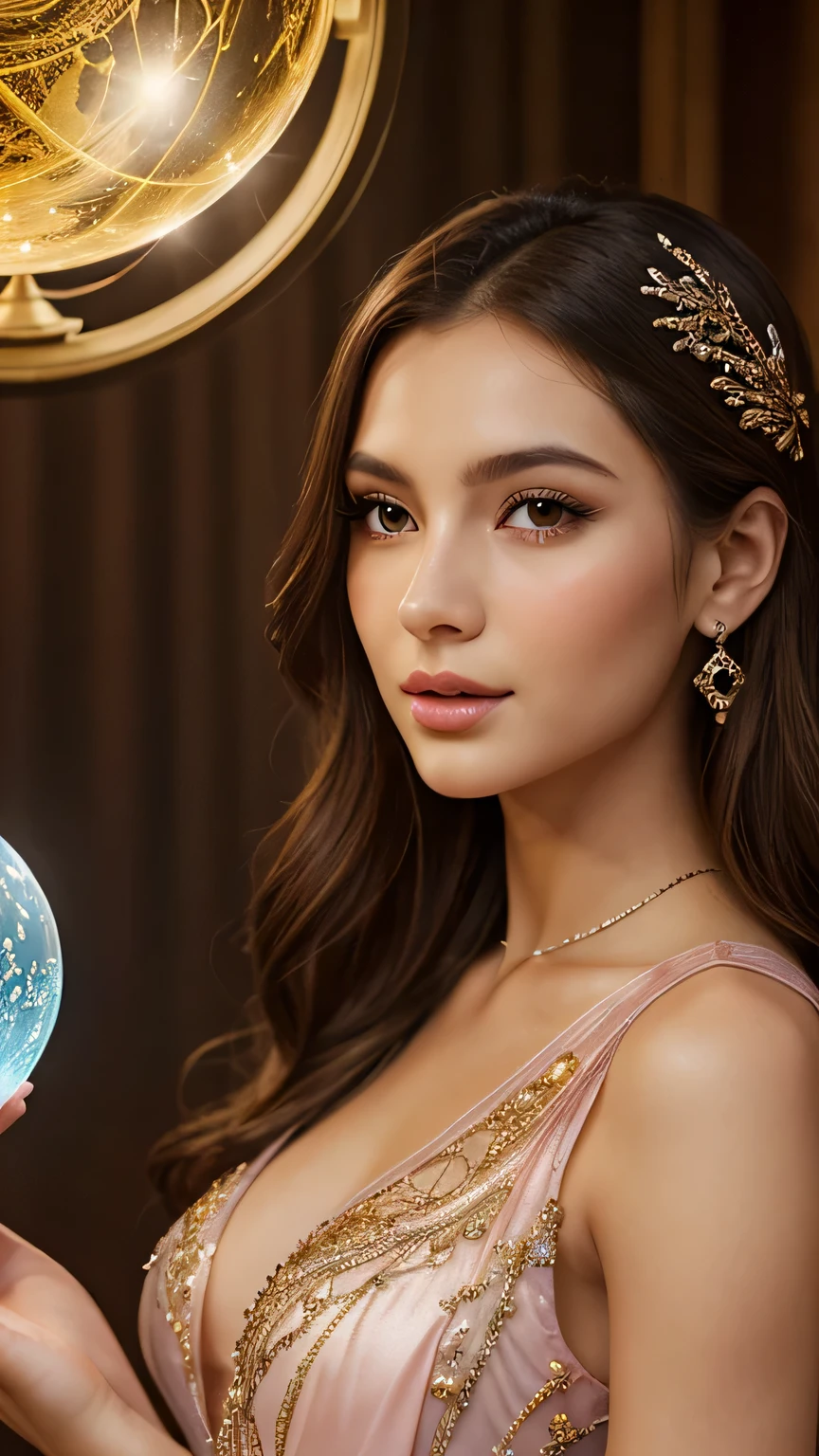 1girl in, 30 years old, Square face, Long hair, Looking at viewer, jewelry, Realistic, Sexy, princess outfit, party background, free upper body pose