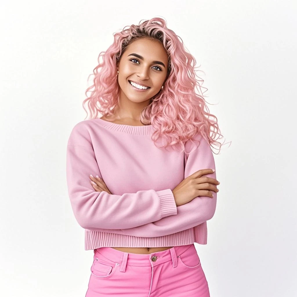 Make one with pink skin tone dressed in pink with pink jumpsuit pink curly hair and pink pants and she is happy her skin is pink her blouse is pink!!!