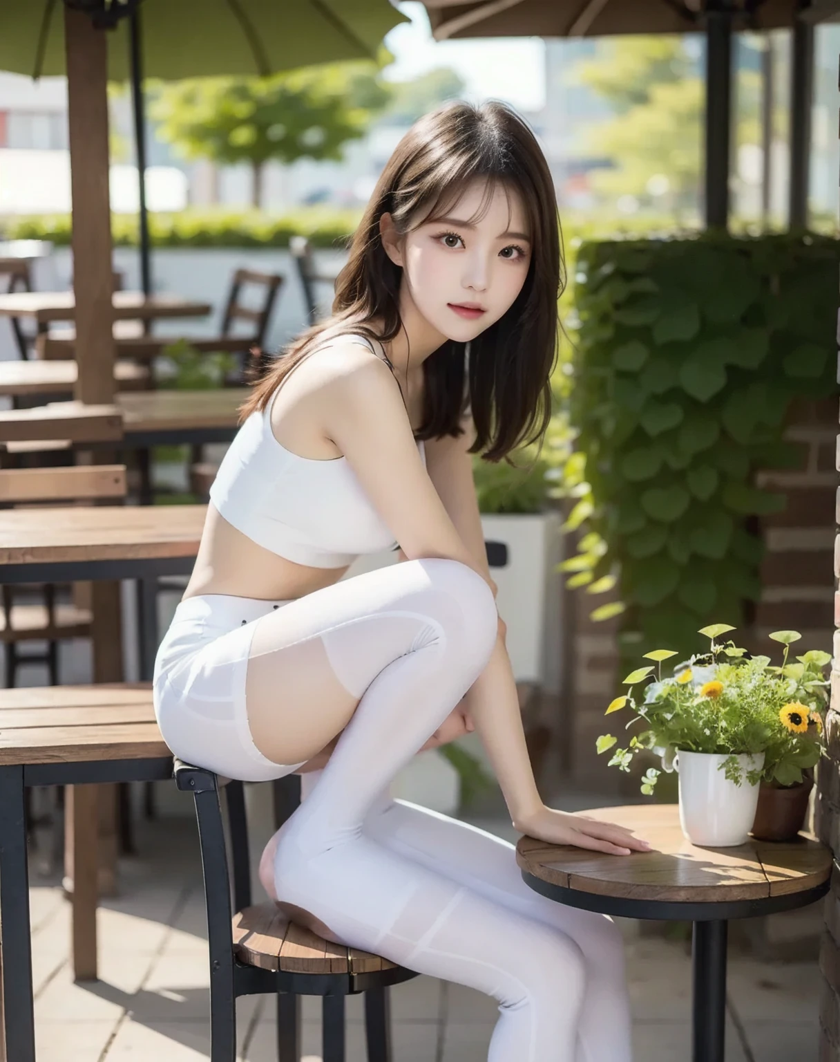 20 year old Japanese beauty, Clear face, a lonely body, large full breasts, detailed tank top, Spread your legs, Full-body view, swimming pool, Watery body, Cute little girl s, Pale face, thin tank top, White leggings, detailed leggings, ligh brown hair,