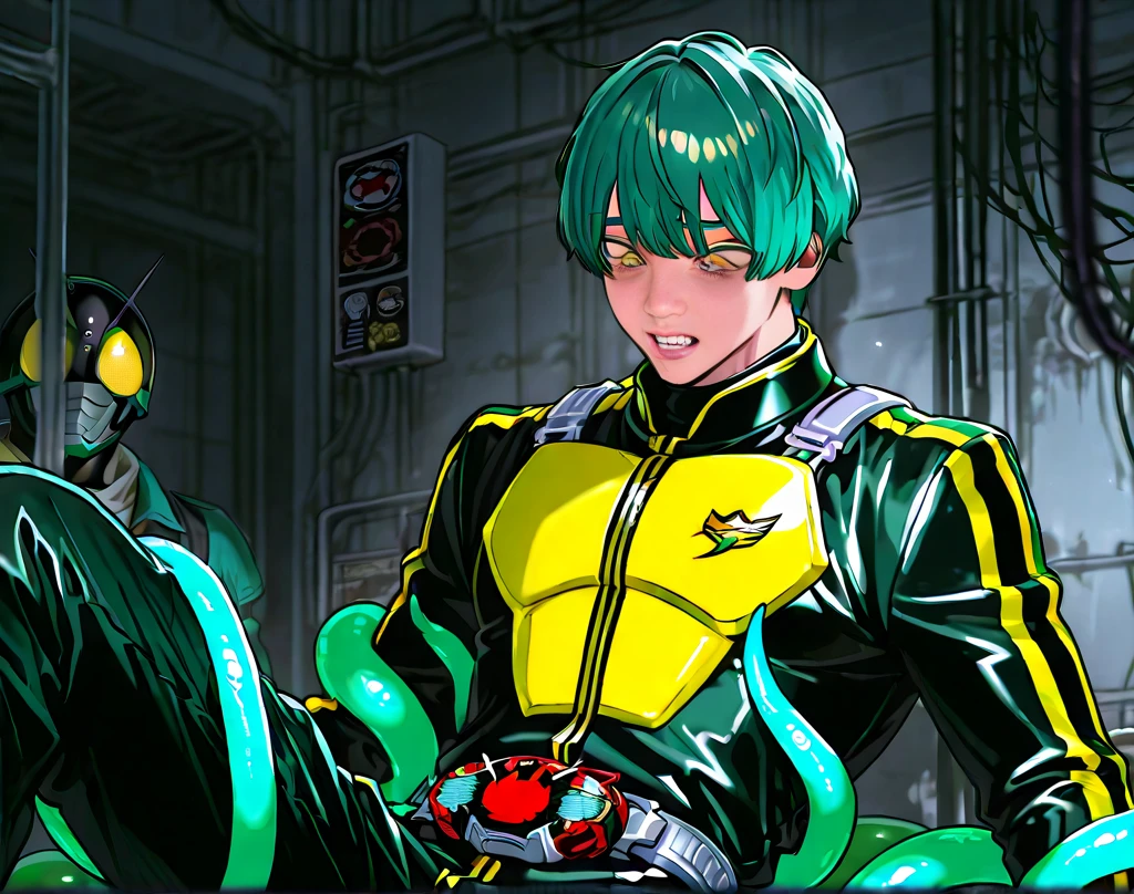 3 eyes,man, no heair, 2 alien ears, green skin, no shirt, with black jacket, yellow hair,