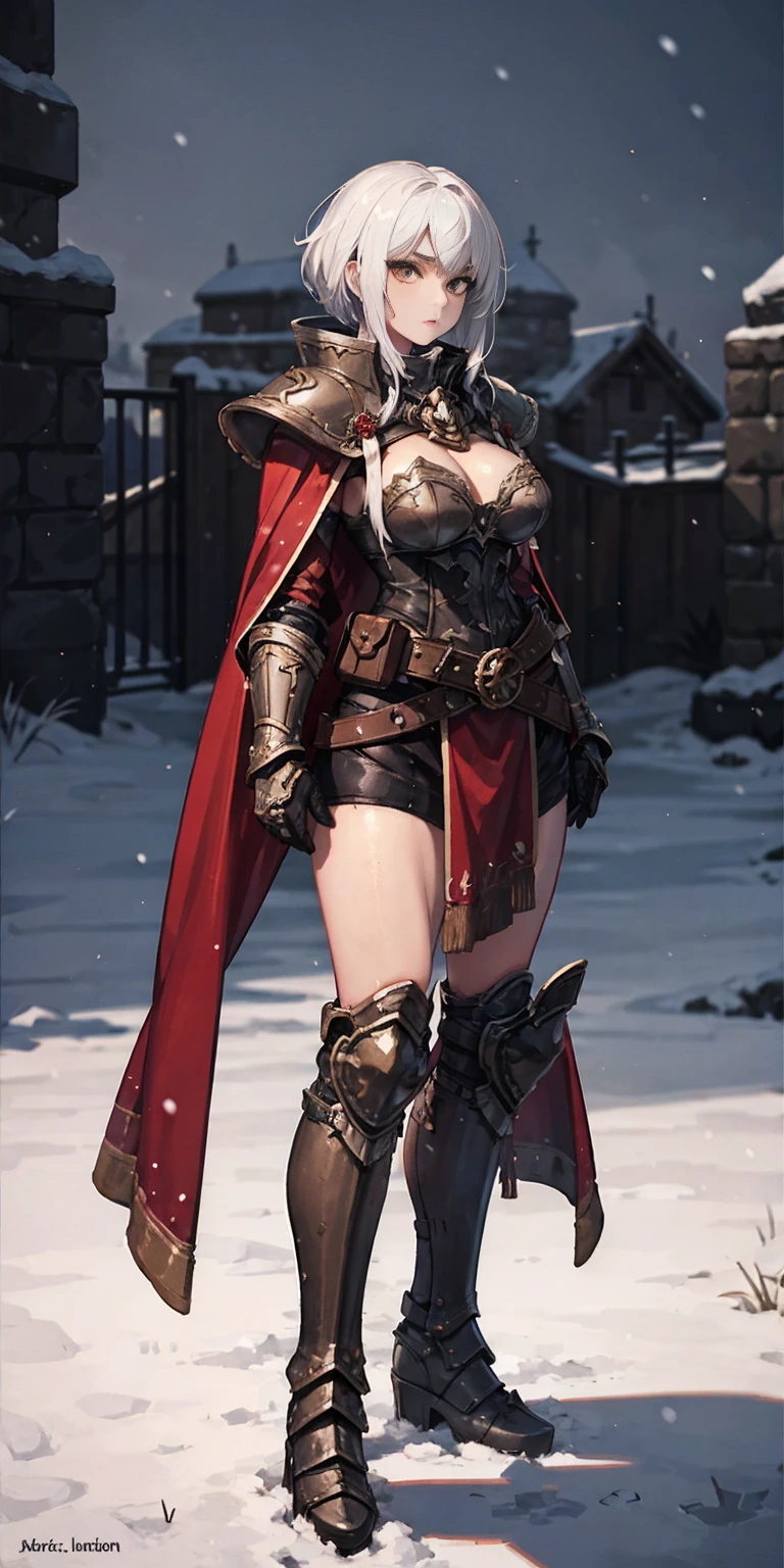 full body standing straight symmetrical, FEMALE warrior princess, big belt around waist, hair, very white skin like snow, wearing full heavy armor red cape, brown leather boots, adventurer outfit, veteran warrior MILF bimbo