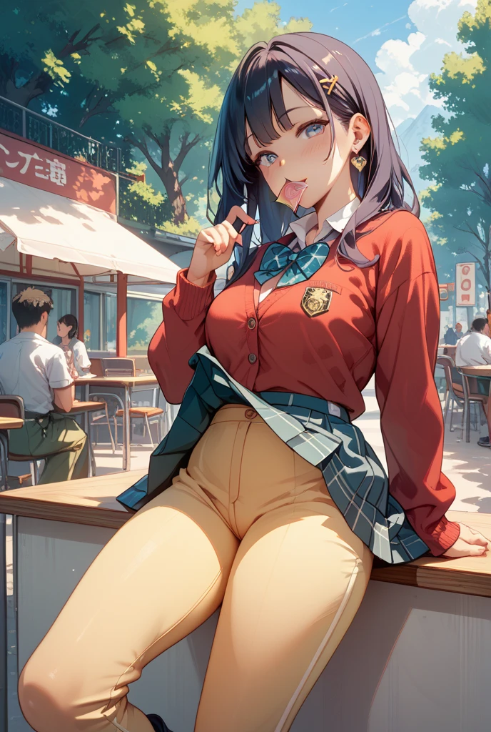 Seductive anime girl, school uniform, (pleated skirt), brown loafers, 4K digital art, glamor girl, ultra-realistic painting, excessive art, 8K high quality detailed art, curvaceous tanned gal , dress shirt, cardigan, brown wavy hair, tanned skin, loose socks, having lunch at a cafe, blushing, attractive figure, panties, gal's manners,