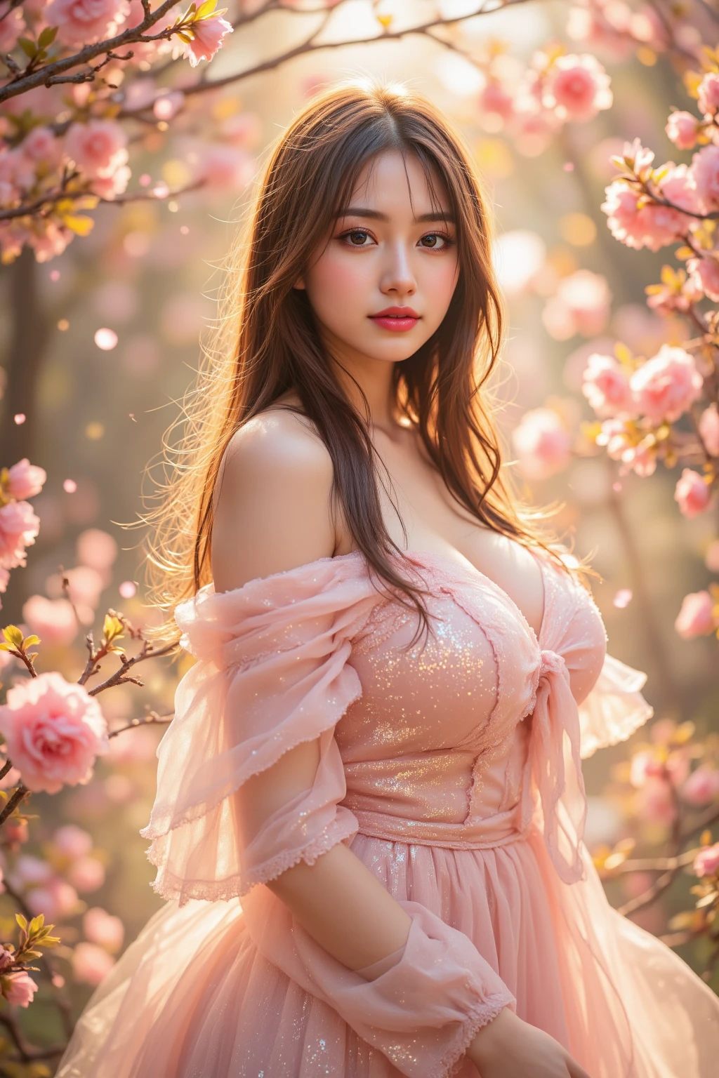 a highly detailed and ethereal image of a beautiful woman with long, straight black hair and porcelain skin. She is (kneeling on a path:1.8) surrounded by softly glowing street lamps and blooming cherry blossom trees. View from behind. Her outfit is a delicate, backless dress with intricate floral embroidery that blends seamlessly with her surroundings. The dress is sheer and light pink, adorned with cherry blossom motifs. The setting is a serene and dreamy evening, with a soft bokeh effect from the street lamps, and cherry blossom petals gently falling around her. The atmosphere is enchanting and mystical, with a focus on the contrast between the soft pink hues of the cherry blossoms and the subtle illumination from the lamps. The woman's makeup is bold, featuring striking purple eyeshadow and red lips, adding to her captivating and mysterious aura. Hyper realistic photo, 16k, vibrant colors