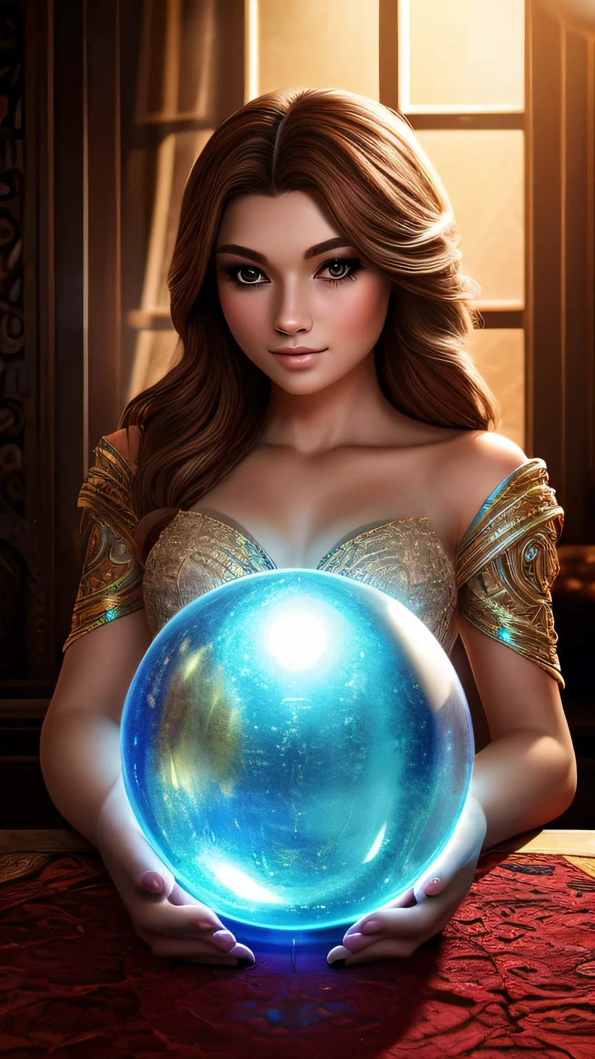 a woman in a golden outfit holding a magic ball, arte de fantasia realista, arte de fantasia detalhada, mulher da fantasia, feiticeira bonita, uma bela feiticeira, arte de fantasia hiperrealista, realistic fantasy illustration, amazing fantasy art, arte digital de fantasia detalhada, bela arte de fantasia, arte de fantasia digital ), estilo de arte de fantasia, uma bela imperatriz fantasia, pintura de fantasia realista