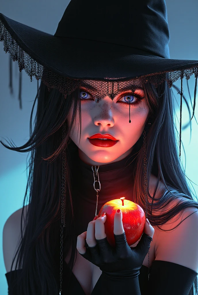 Portrait, beautiful witch with black hair in a red dress, hourglass figure, symmetrical figure, highly detailed face, beautiful face, calming blue eyes, lush lips, alluring, flirting with camera, stunning digital illustration, mysterious quantum environment, cosmic elements and ethereal atmosphere