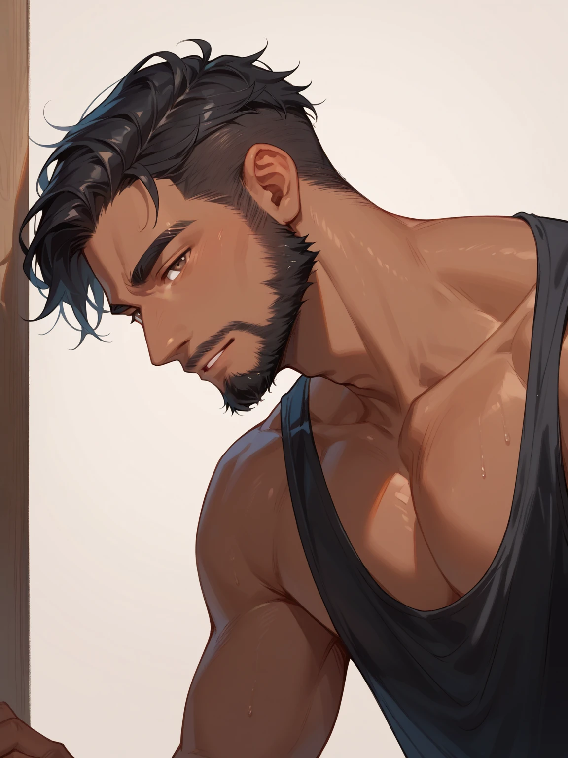 mid_shot, attractive bearded man, defined muscles, alley, ((orange black green)), (distracted), (atmosphere), coherent, continuity, epic, sharp lines, short hair,high contrast, hairy chest, sexy, brasilian, bulge, 3 colors, grey eyes