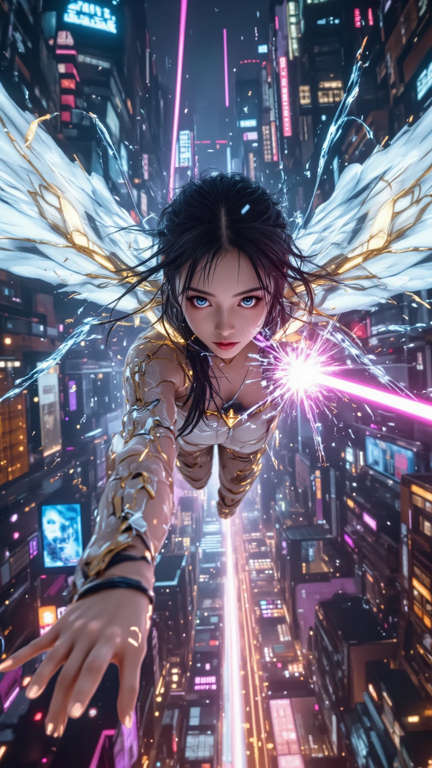 A battle-hardened high school girl with elegant, mechanical wings, soaring through the neon-lit skies of a futuristic megacity. Her wings, primarily white with intricate golden lines, emit an ethereal glow, blending advanced technology with celestial beauty. She grips a glowing beam saber, its energy blade pulsing intensely, mid-swing in a powerful strike. The dynamic composition places the viewer directly in her path—her attack appears to cut through the frame, creating a thrilling, immersive effect. Sparks and energy trails scatter from the blade as she slashes, adding dramatic motion to the scene. The towering skyscrapers of the cybernetic skyline stretch endlessly in the background, bathed in vibrant neon hues. Captured from a first-person perspective, cinematic lighting and high-intensity action amplify the raw intensity of the moment.