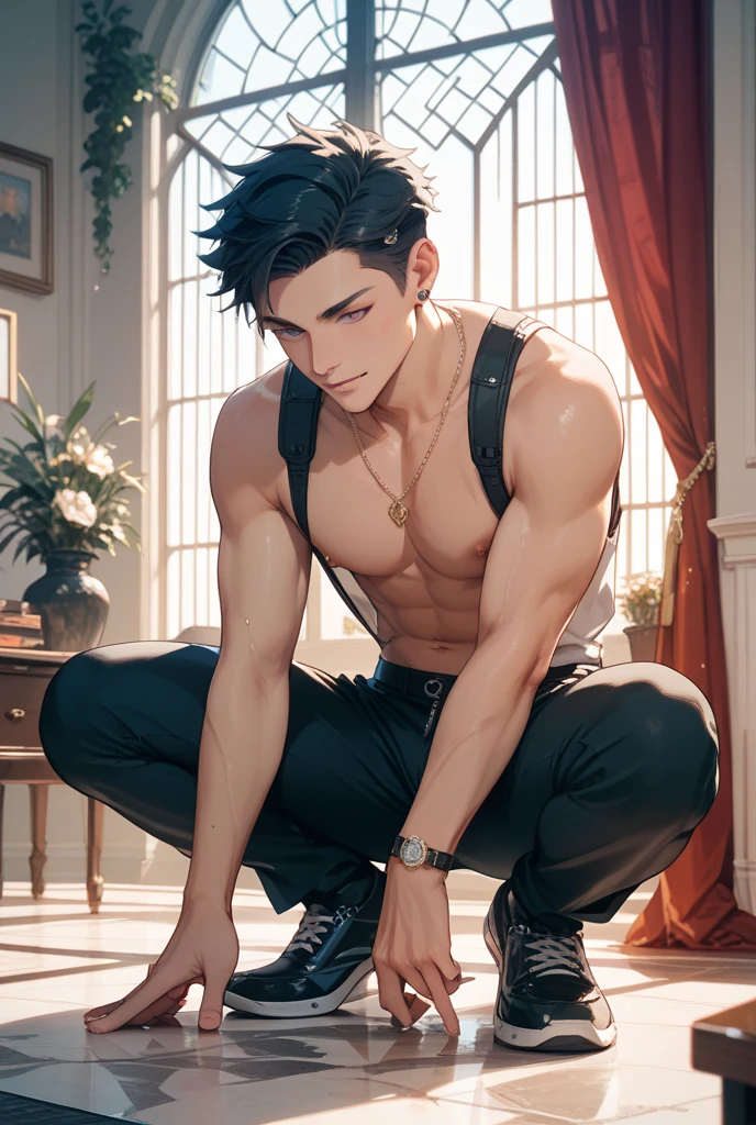 realisticlying,(tmasterpiece,top Quority,best qualtiy,offcial art,Beauty and aesthetics:1.2),Black-haired boy,Knots,choker necklace,Sadomasochism,Stage,lamplight,An expression of shame,Dog training,Champagne,Anti-bite sleeve,femdom,boylove,Nipple rings,White-haired muscular man,plugging