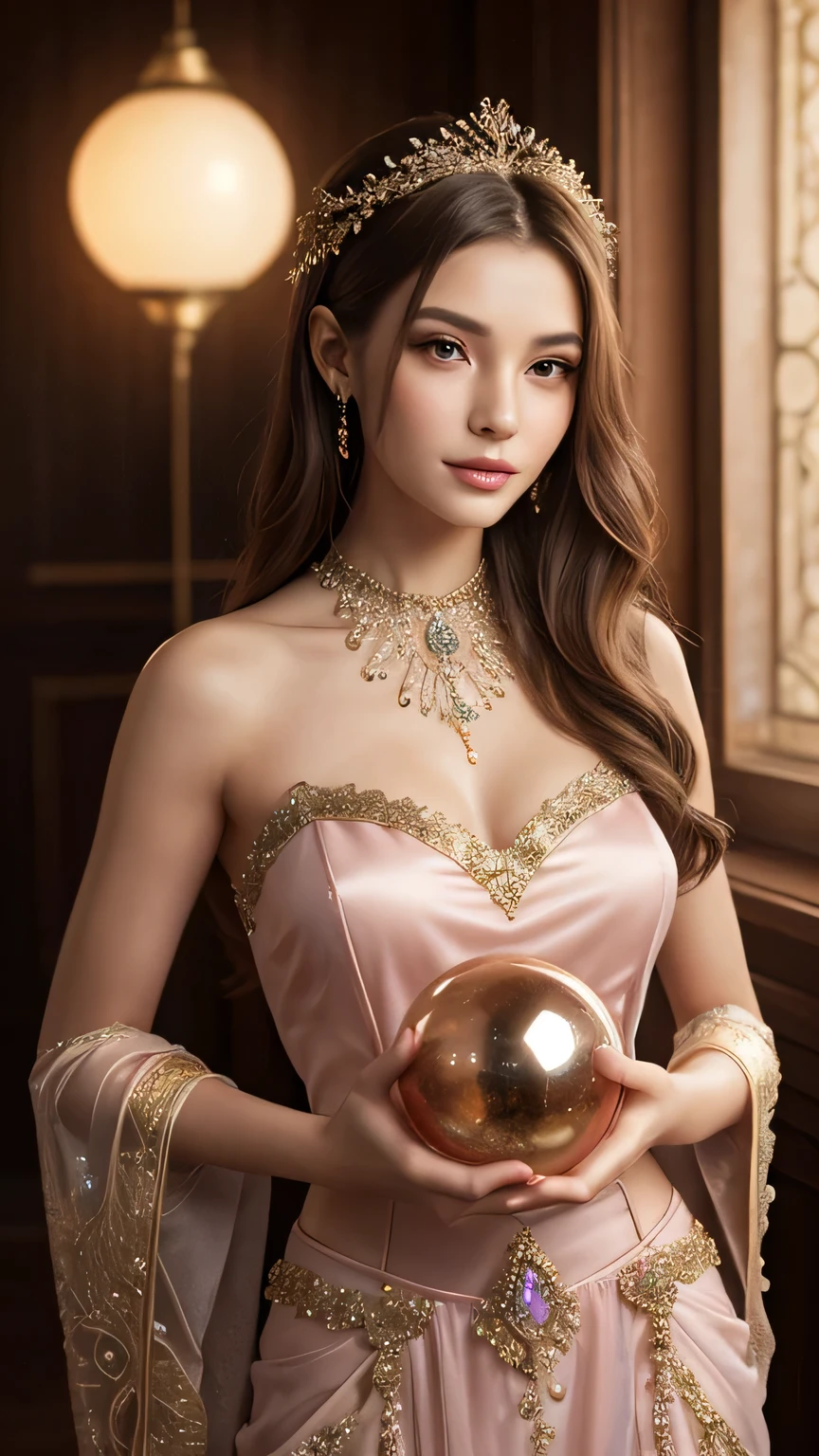 A shining woman adorned with various jewels，The rabbit is holding a large ball，Staring straight into the camera， in the center，Very bright color, Light Particles, The light shines, Musibu, Wallpaper Art, UHD wallpaper,Background pink、Divination for meditation、Mysterious, (8k, RAW Photos, Highest quality, masterpiece:1.2), masterpiece, super detailed, super high quality, (Realistic and realistic photography:1. 37), High-resolution RAW color photos, Very delicate and beautiful, highly detailed, 8k壁紙, wonderful, detailed, Very eye, very detailed, very detailed skin, very thin fingers, very detailed nose, very detailed mouth, Perfect Anatomy
