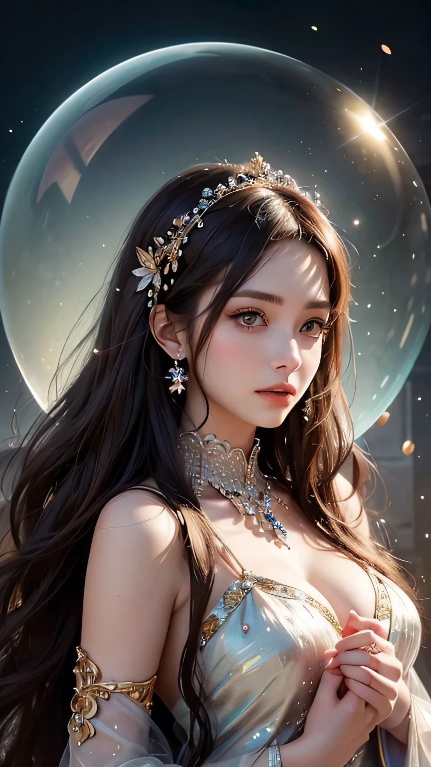 ( High quality , ultra detailed, careful with hand )Zodiac - Capricorn goddess , similar to latin goodness . Self-disciplined, persevering, stoic, determined, serious face .  Hard-hearted, inflexible, pessimistic style . Dark green eyes (eyes detail) , deep golden-brown hair , transparent dress , in the ocean with trees in night , whole body , make up look , goat goddess . Ruled by god of saturn.