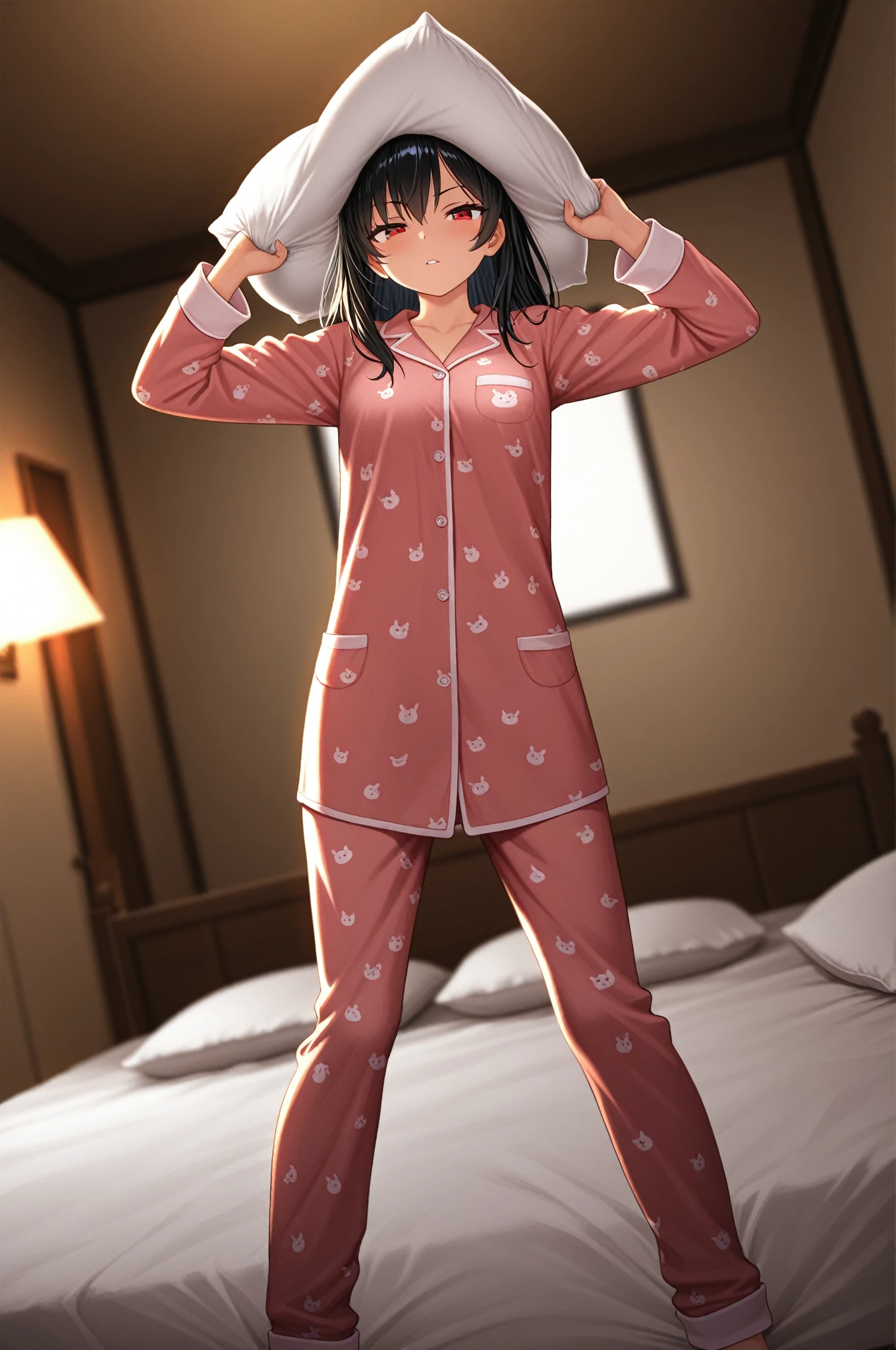 score_9, score_8_up, score_7_up, score_6_up, source anime,  <lora:konosuba_megumin:0.7> nimugempnxl, megumin, 1girl, blush,shy,night,pajamas, looking at viewer,petite,short hair with long locks, small breasts,indoor,body pillow, body pillow cover, dakimakura, <lora:WIP_Body_Pillow_Style:1>