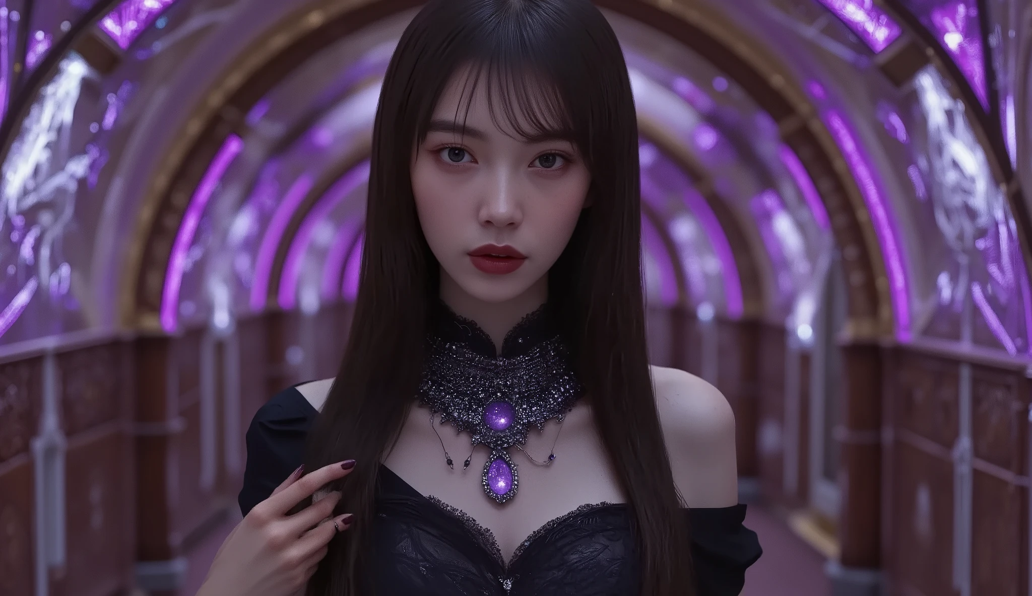 like a realistic 、Smooth and long ( horse tail that can use dark magic - no bangs ) Black translucent hair , and黒い目and蛍光紫のマンダラが輝く目, medium breasts , in the background She has intricate neon designs and 、 Cinematic lighting , she says 、with a complex pink purple gradation of celestial bodies、off-shoulder silk I'm wearing a light gown、 corset , and、 I have a sparkling black diamond necklace with a small purple amethyst crystal in the center , has a melancholy tsundere expression on her face , with her fingers crossed in front of her stomach , dark black lipstick on her face , has an ecstatic neckline and chin ,( very white skin ), ( has a dark purple aura around her ), There is a solo leveling man , high definition , Hi-Res 8k