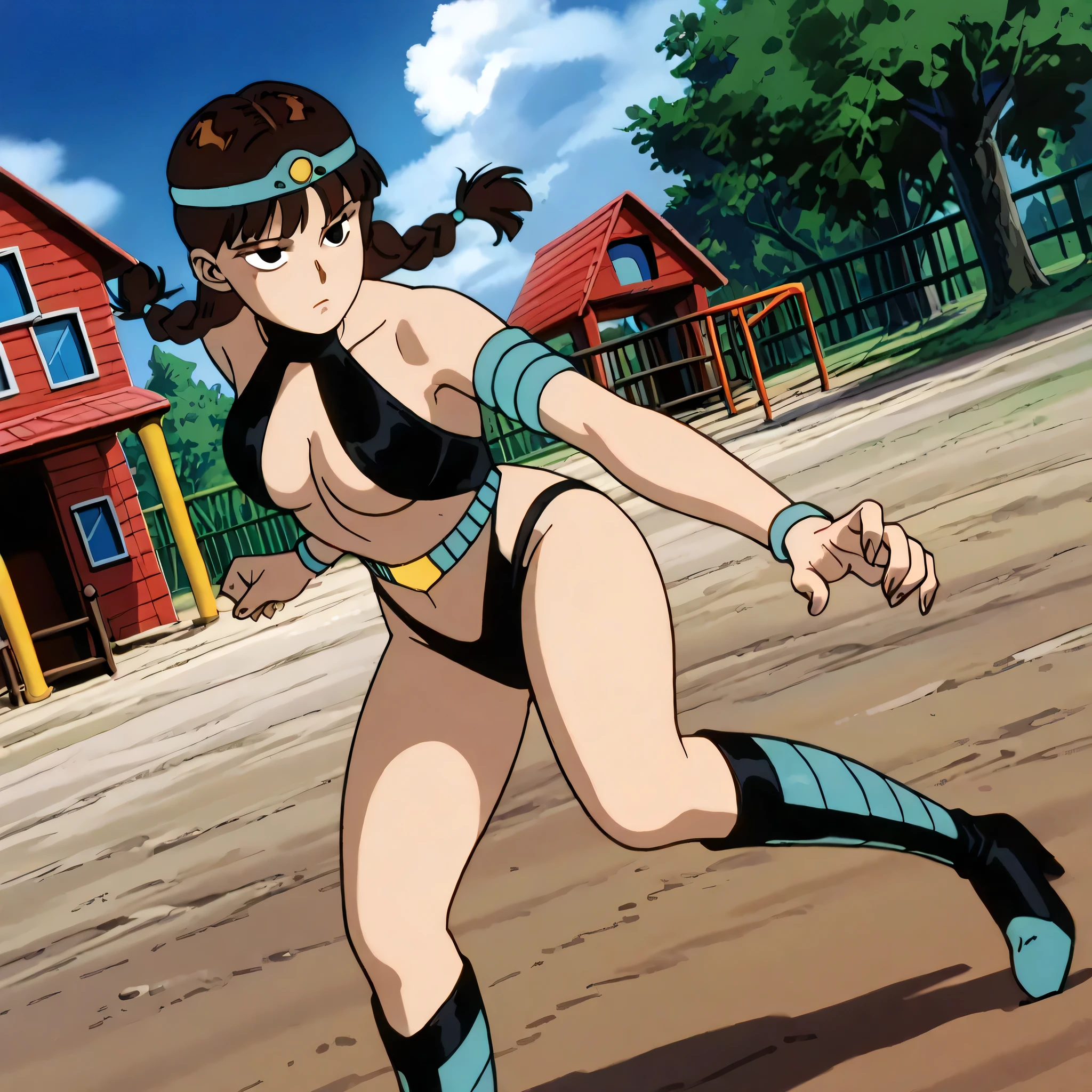 Haruhi suzumiya, looking at viewer, masterpiece, best quality, highres, 1girl, solo, superhero, leotard, bare legs, boots, matching boots, sleeveless, gloves, matching gloves, city backdrop, black leotard, standing, hands on hip, full body shot, glowing body