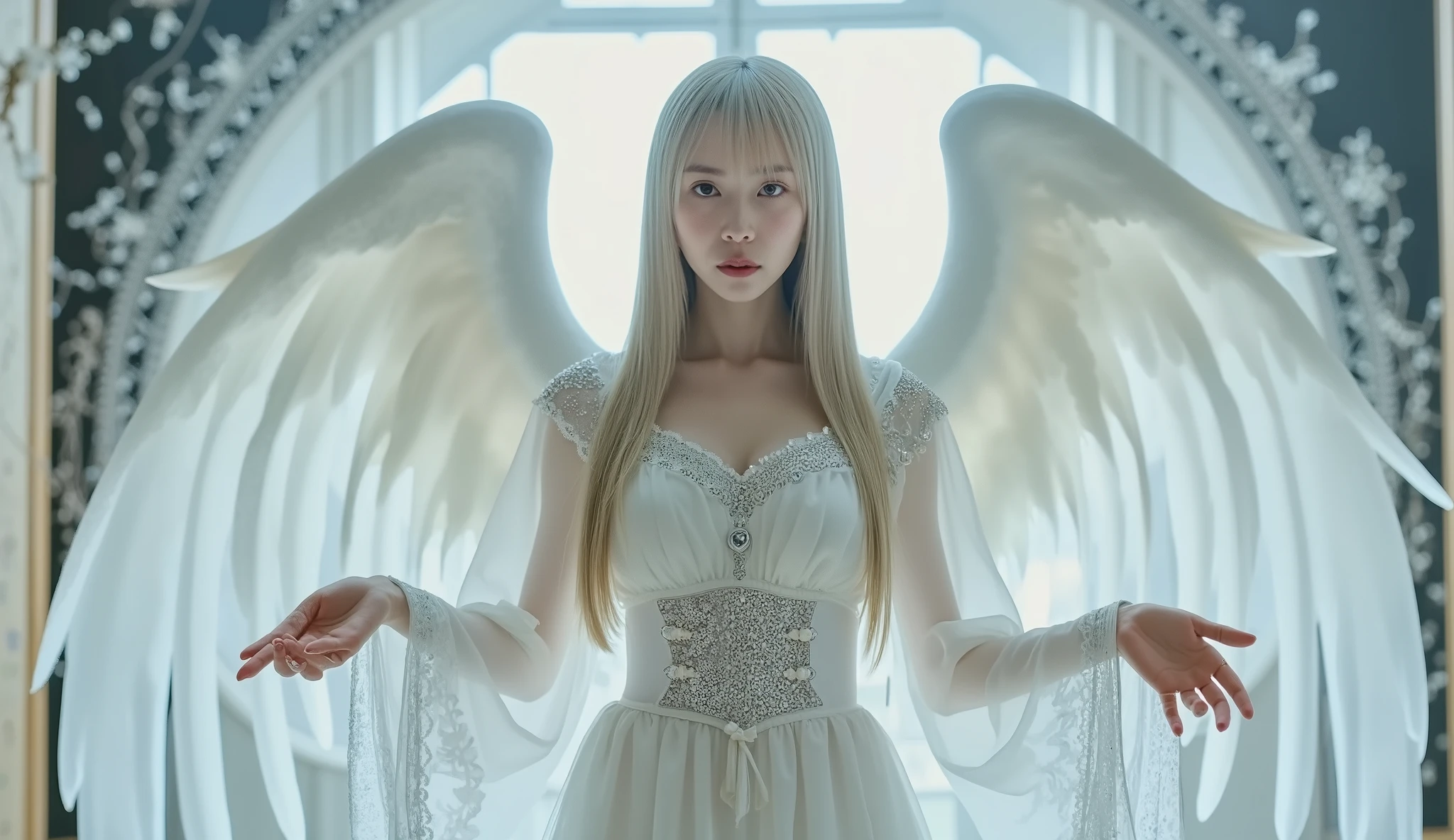 in an obscene pose 、 Like an oracle . white hair and gray eyes. Draw a beautiful mystical figure with very ample, huge, large and delicate long wings. when compared to the spectrum , Tiny jewels studded with skin and transparent lingerie. very white skin color, Paper white. Innocent expression . plump breasts, 満員電車の中でのbig , big . Busty hottie