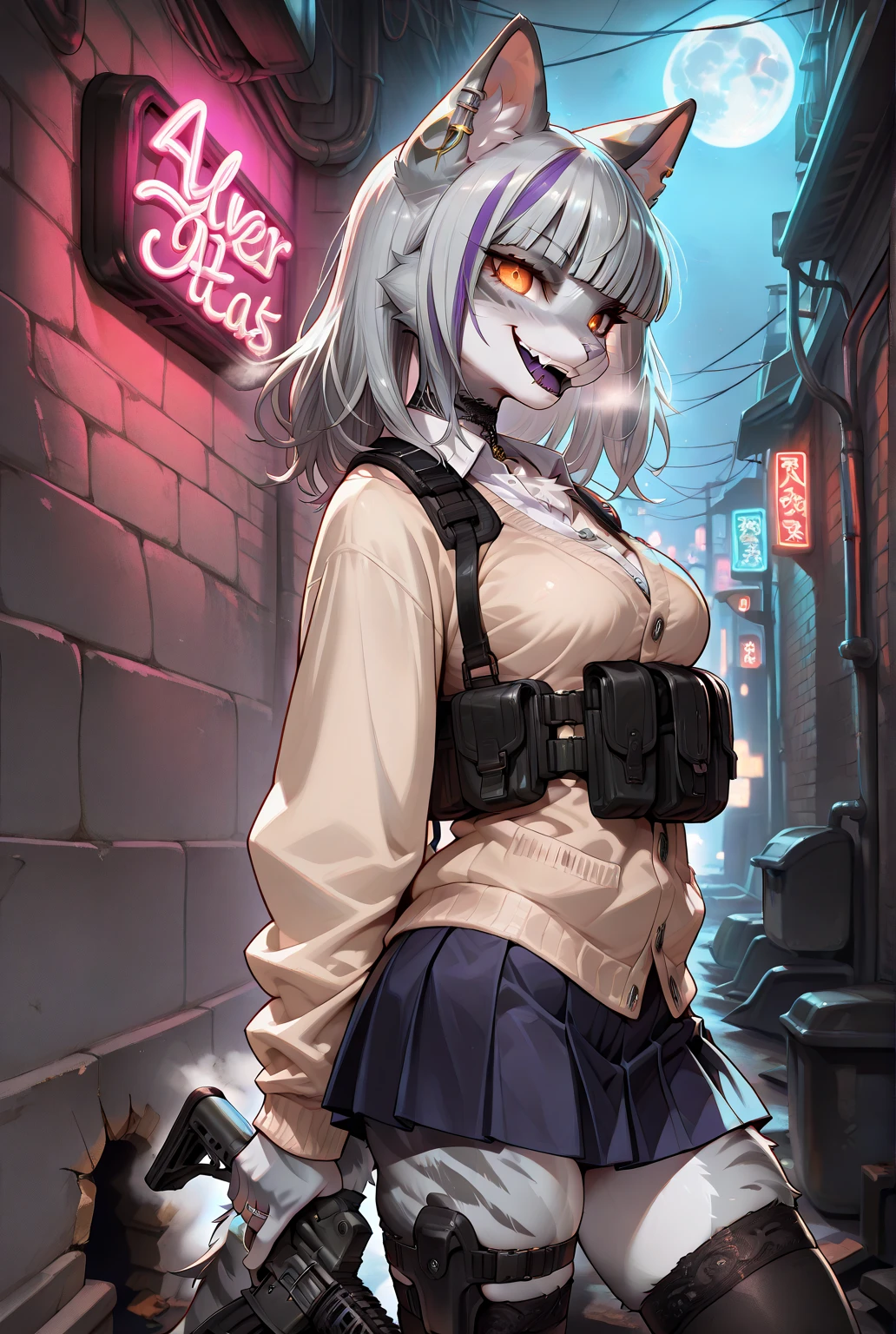 Black body fur, undersized hoodie, no underwear, , undersized outfit, getting dressed, no bra, synthwave area, dark aura, night, red glowing eyes, blushing, smiling, dark katana, synthwave katana, 1 girl, pure black fur, female furred dragon, lifting hoodie, massive breasts, Synthave eyes, sci-fi billboards