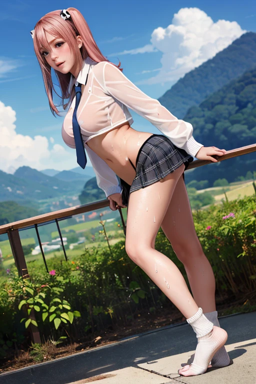 High definition full color image, atmospheric perspective, 8K, Super detailed, Accurate, highest quality, angle from below, woman, ((realistic skin)), droopy eyes, ecstasy, sleepy, small eyes, (((Straddle to apply panties to thin decorative aluminum bollards))), small earrings, thin necklace, (Jacket, thin shirt, skirt), (spread legs), (((The swollen areolas are visible through the shirt., under the hair))), hide her crotch with a skirt, in an outdoor factory area,
