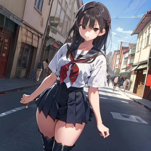 (1girl), (solo), ((masterpiece)), ((long hair)), thirty something, best quality, beautiful, perfect lighting, extremely refined beauty, detailed face, super cute face, (High Resolution), ((Solo), Looking at the Audience, ((Cowboy Shooting 1.2)), Full Body, Black Hair, Housewife Hair, (Low Ponytail), Messy Hair, Looking at the Audience, Green Eyes, ( (blush)), warm smile, (nervous), (shy), fidgety, cute, ((Japanese school uniform)), plaid skirt, (short skirt), high socks, black arm warmers, medium chest, (wide Hips), (thick thighs),

stand, street, town,