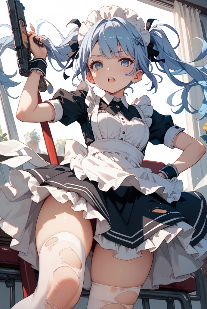 karina, 1girl, solo, long hair,torn dress,m legs,blue sky,sunny,sunlight<lora:karinaTEST:0.4>