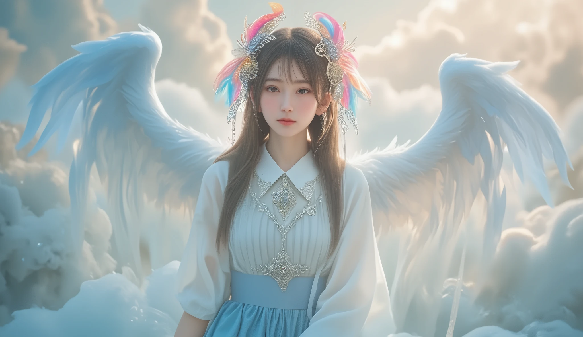 Beautiful female angel、I'm wearing a light blue ribbed top and a light blue skirt、 Colorful Feathers