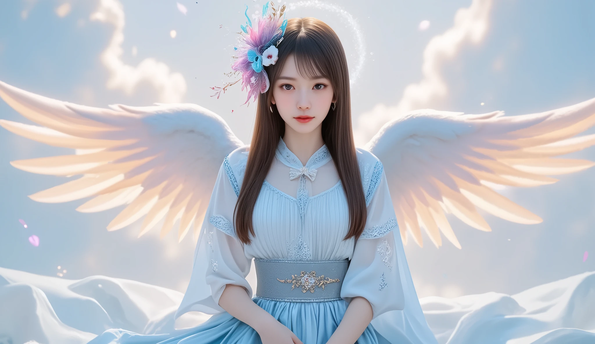 Beautiful female angel、I'm wearing a light blue ribbed top and a light blue skirt、 Colorful Feathers 