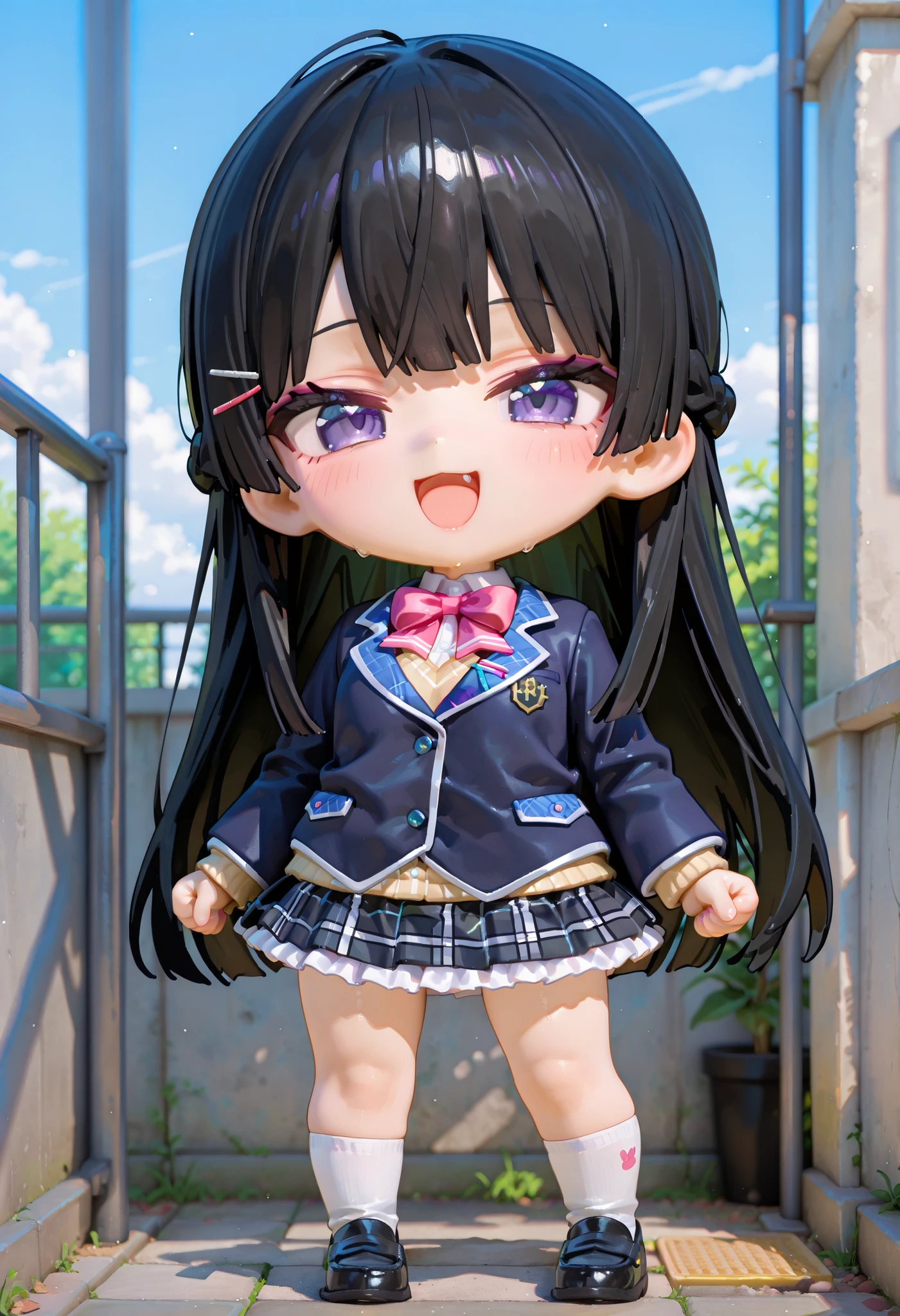 Tsukino Mito (Nijisanji)。 deformed illustration。big head。blazer after face。white socks。check skirt