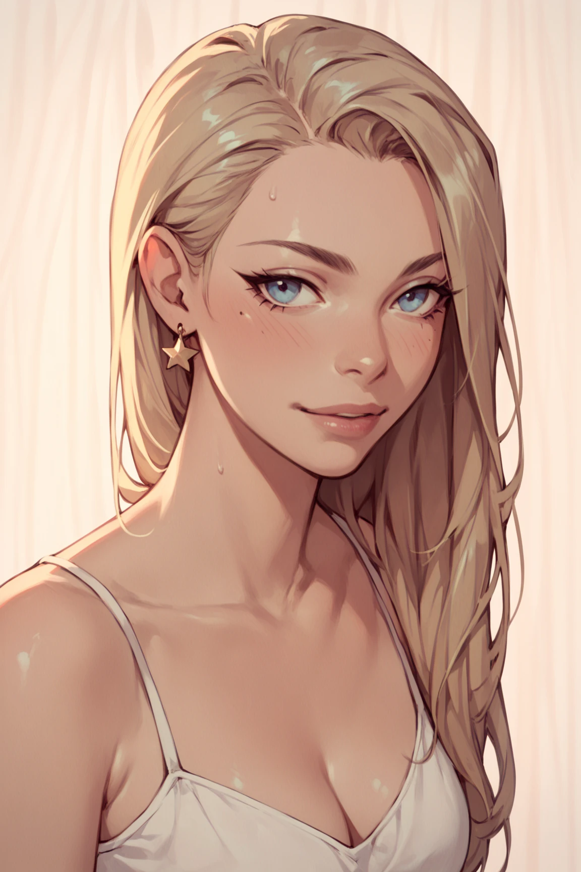 nerdy woman, Black Clothing With A P on the Chest long hair, blue eyes