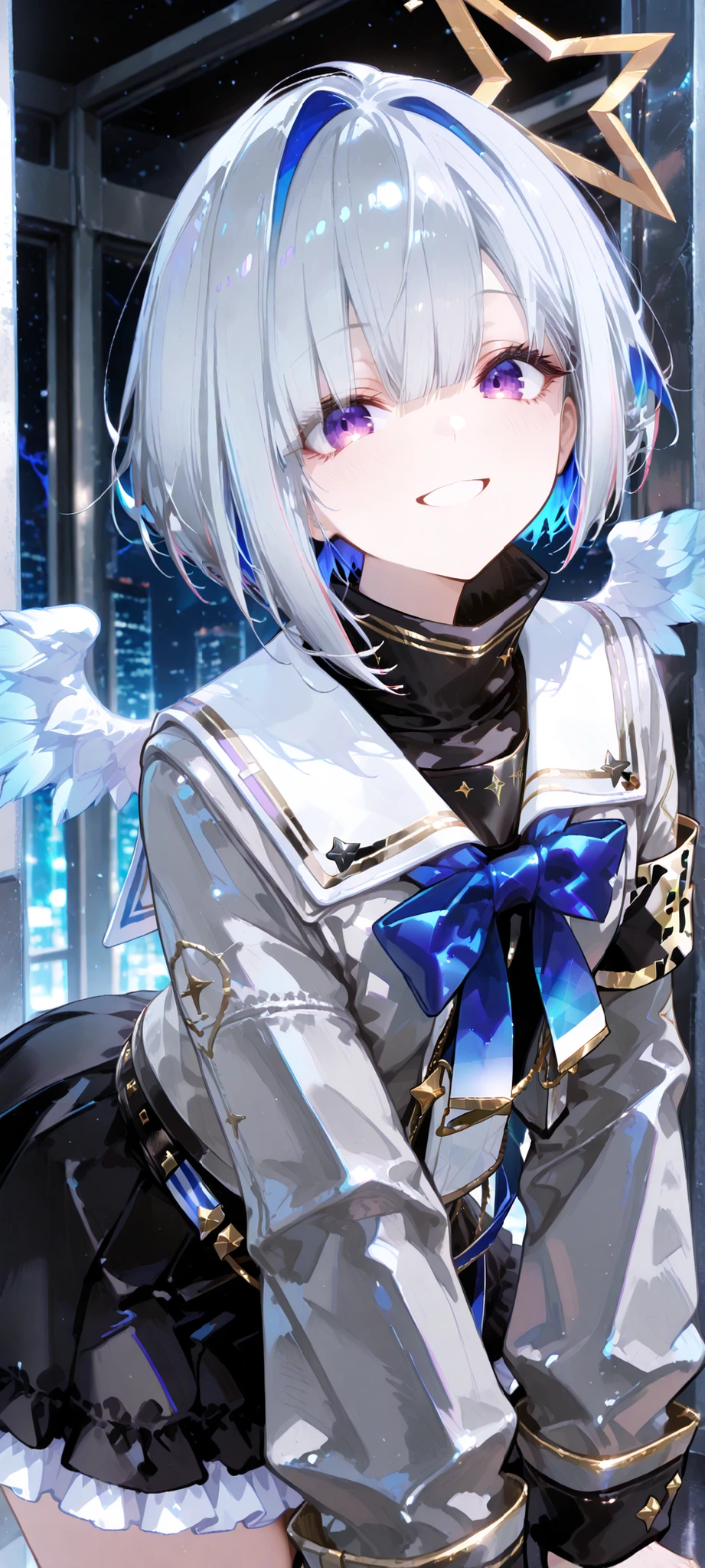 masterpiece, 最High Quality, High Quality, Newest, hi-res, Very High Resolution,
break
Detailed background , Very awa, is very eye-catching, Illustration, CG,
break
Perfect configuration, eye reflection, Lashes,
BREAK
Amane Kanata short hair, multicolored hair, grey hair, yellow halo, purple eyes, wings, turtleneck, white sailor collar, blue bowtie, grey jacket, long sleeves, plaid, armband, frilled skirt, Black skirt
smile