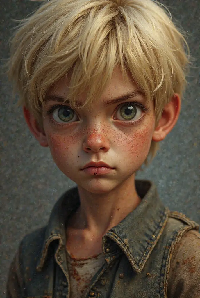 Boy with short, dark blonde hair and grey eyes