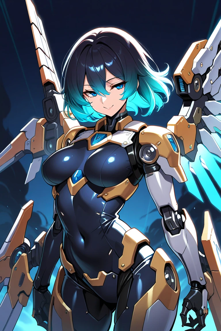 ((Highest quality))、((masterpiece))、(detailed)、((Anatomically correct))、One Woman、aldult、(look at me)、whole body、jump、(shoot from front)、(Ultra-glossy skin with attention to detail:1.1)、Glowing Skin、bangs、Short Hair、Beautiful black hair、(Beautiful Eyes:1.3)、Slim figure、medium breasts、Cleavage、Erect nipples、headgear、Arm Armor、Mechanical wings from the back、Blue core in center of chest、Futuristic guns、Future City、battlefield